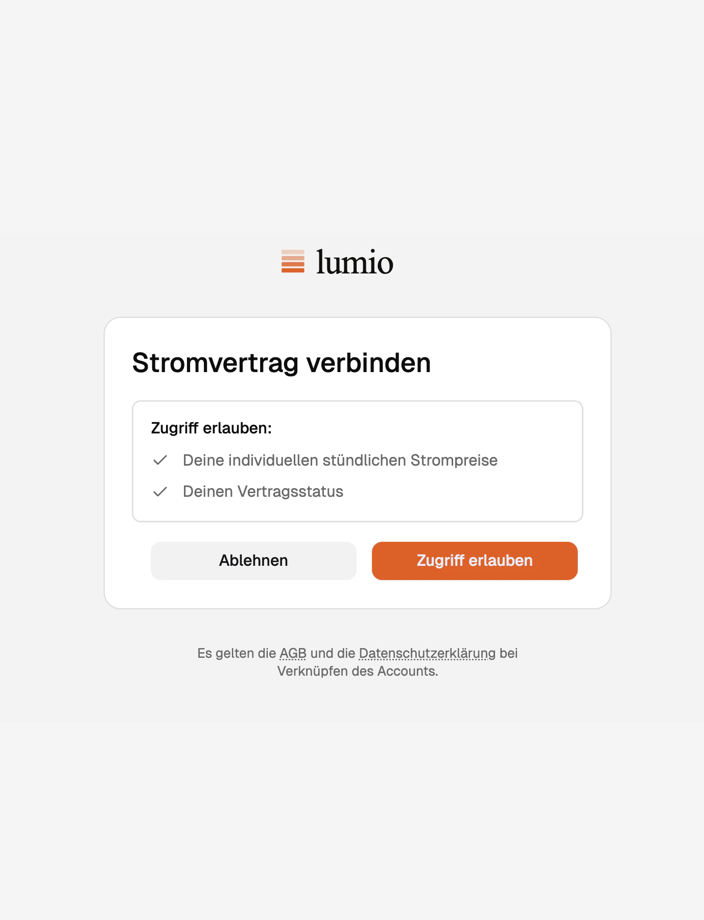 Hosted consent screen listing the data scopes the application is requesting, with allow and deny buttons
