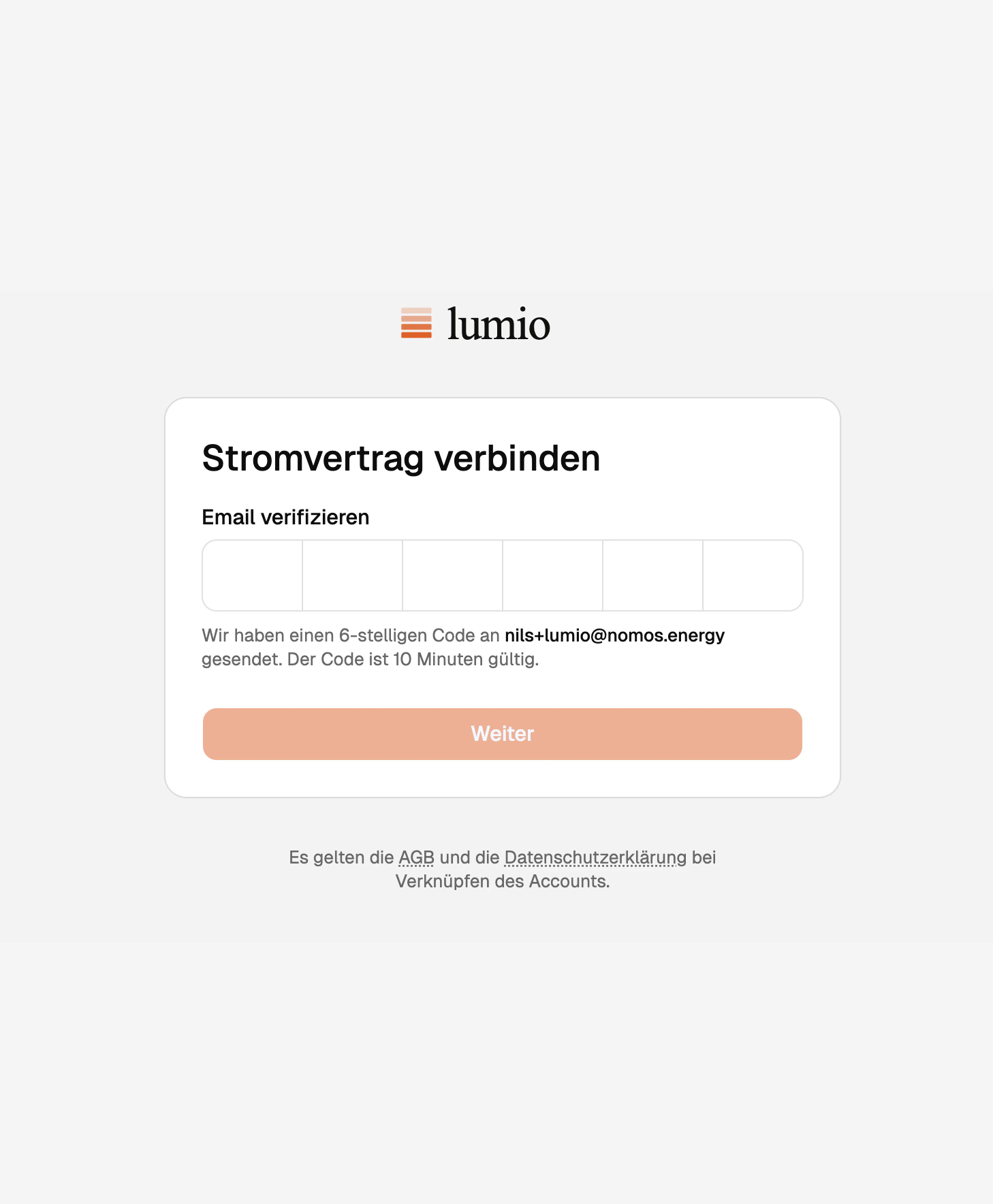 Hosted verification page with six input boxes for the one-time code