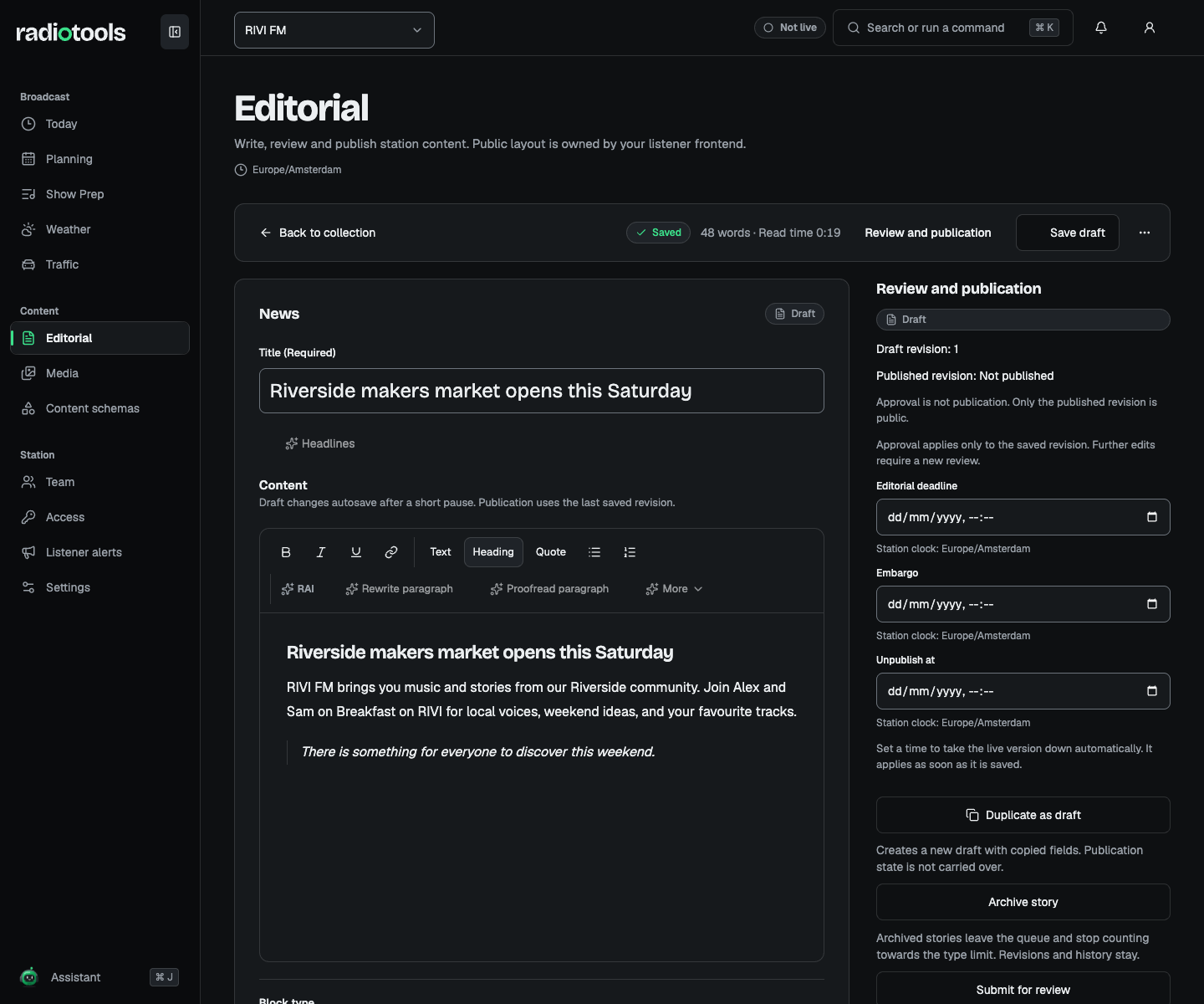 RIVI FM article editor showing a fictional makers market story, body text, and publishing controls