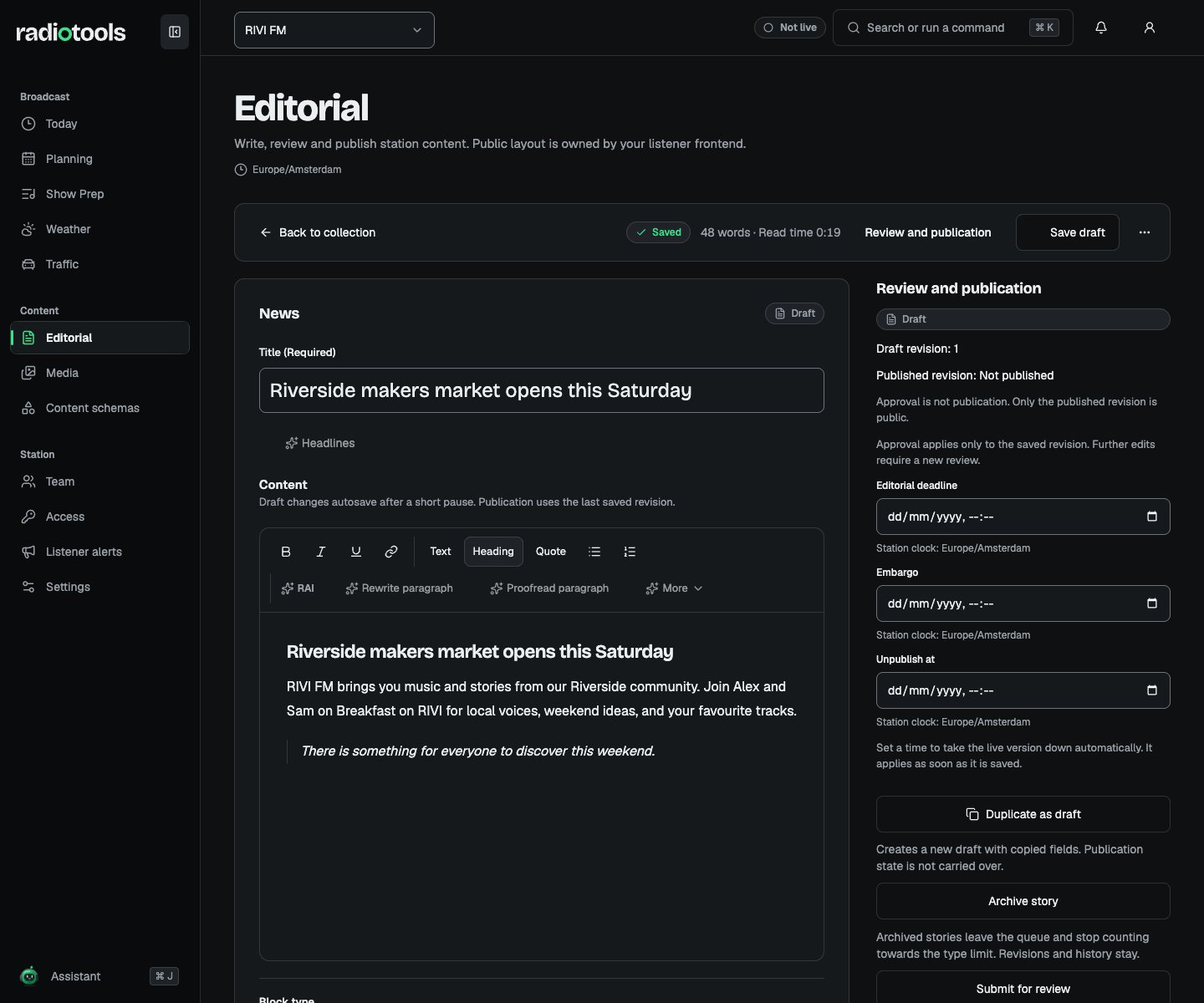 RIVI FM article editor showing a fictional makers market story, body text, and publishing controls