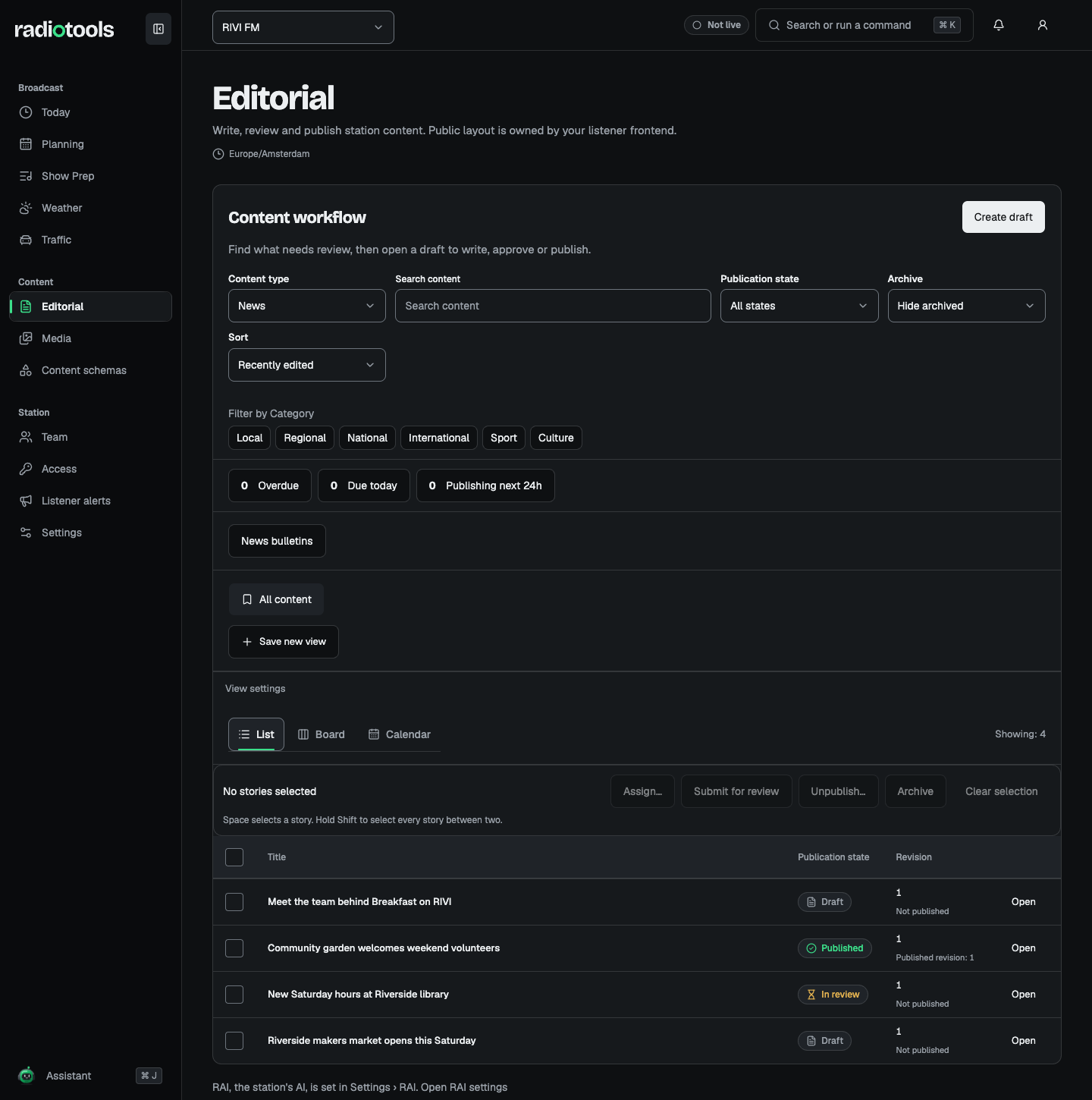 RIVI FM editorial collection with fictional news stories in draft, review, and published states