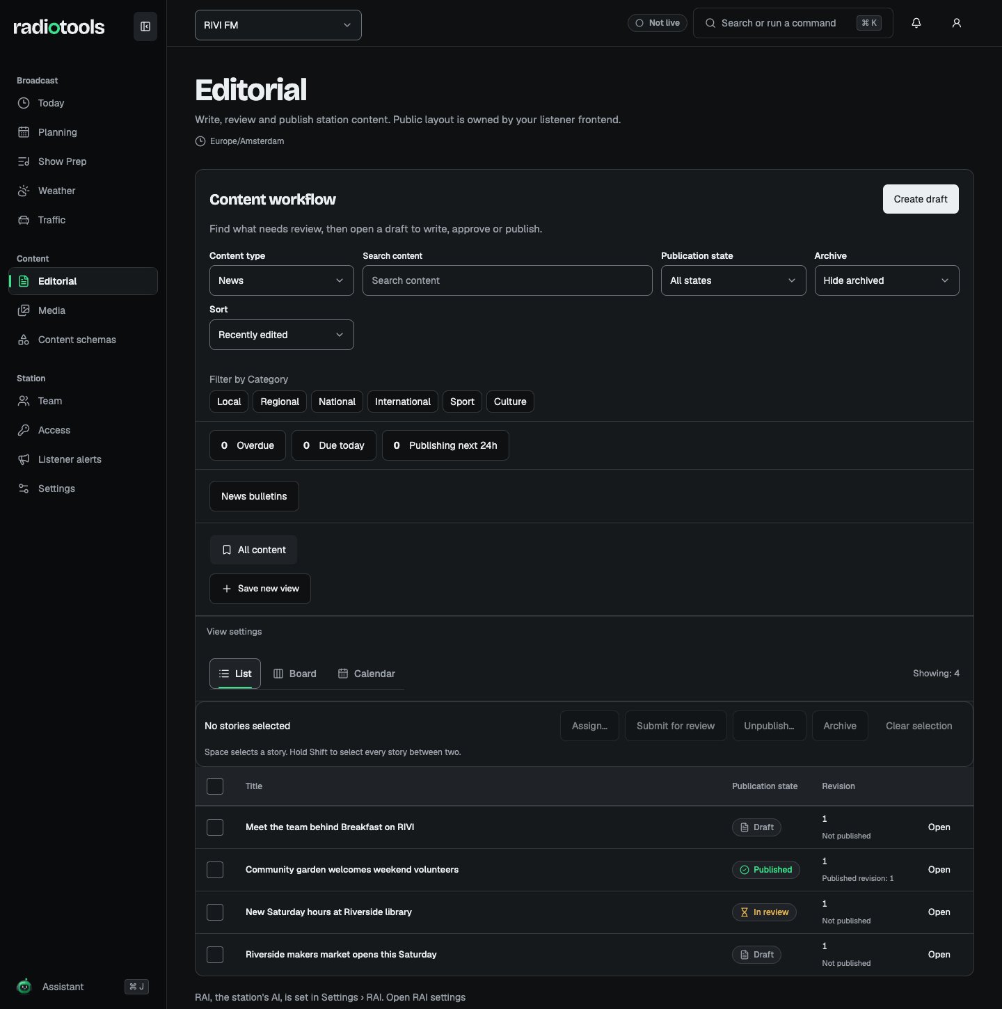 RIVI FM editorial collection with fictional news stories in draft, review, and published states