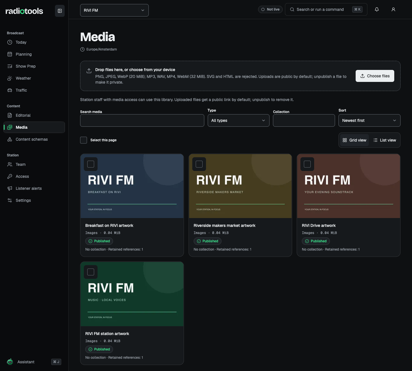 RIVI FM media library with fictional station artwork and show assets