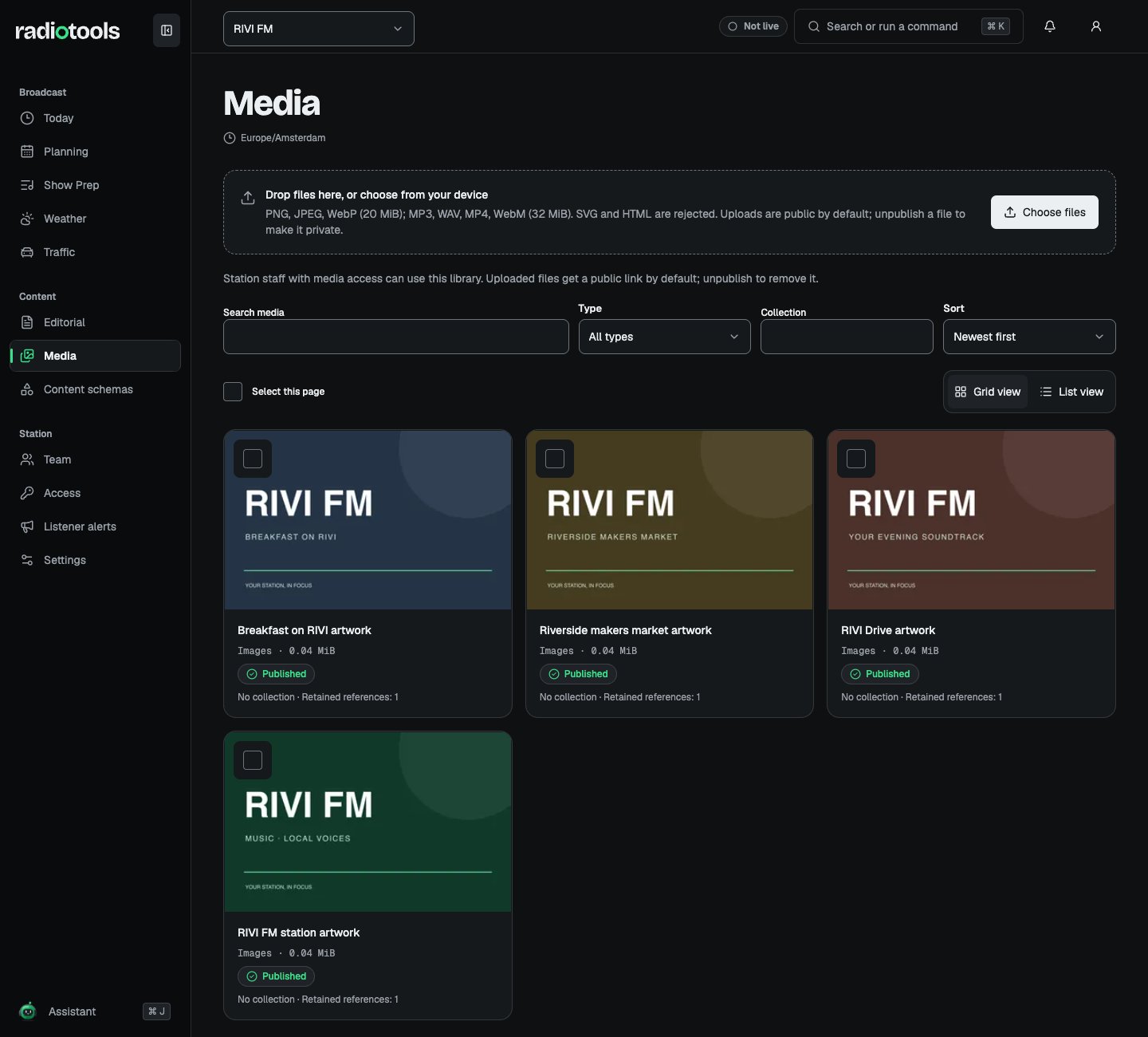 RIVI FM media library with fictional station artwork and show assets