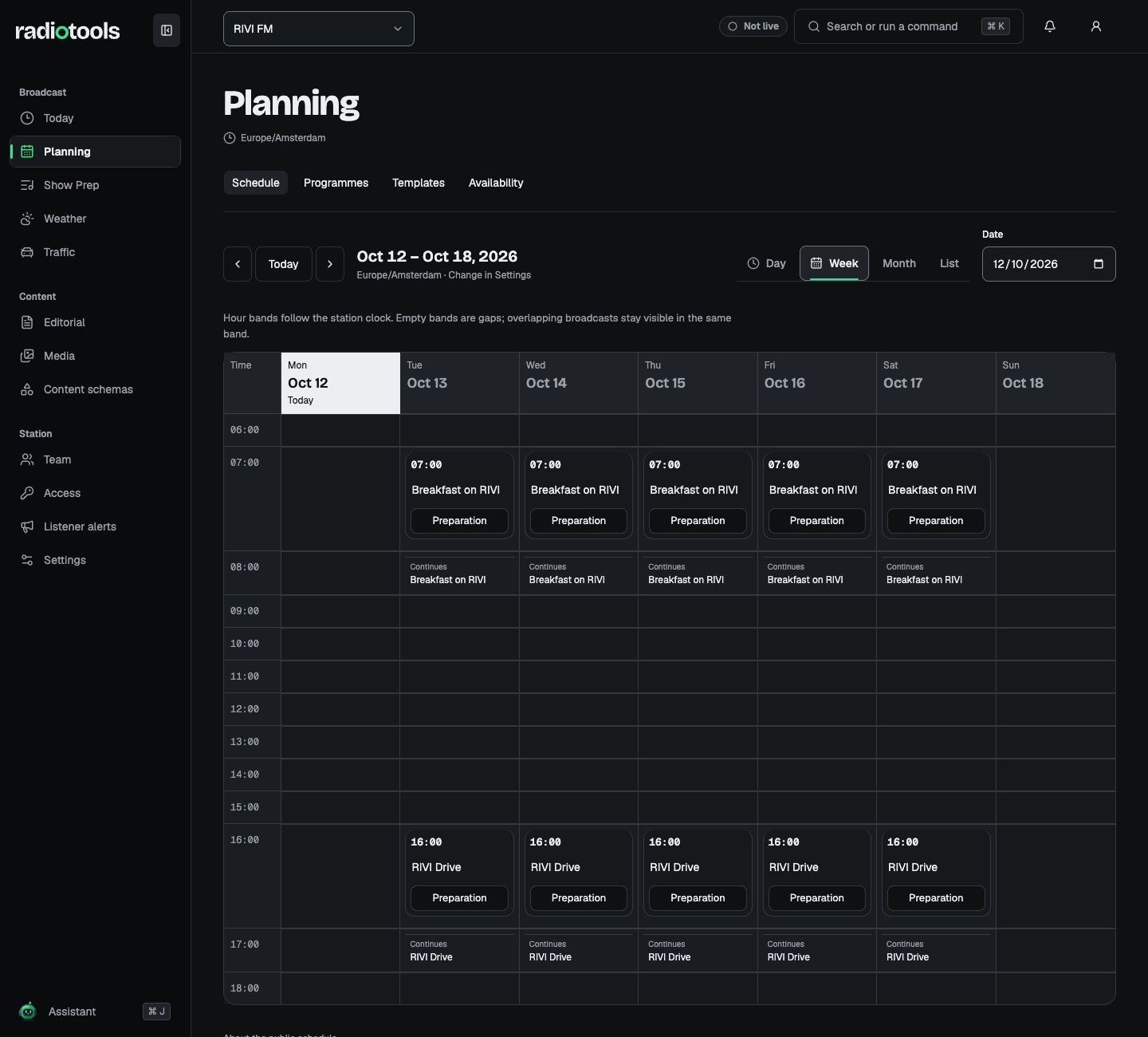 RIVI FM planning calendar with Breakfast on RIVI and RIVI Drive broadcasts across the week