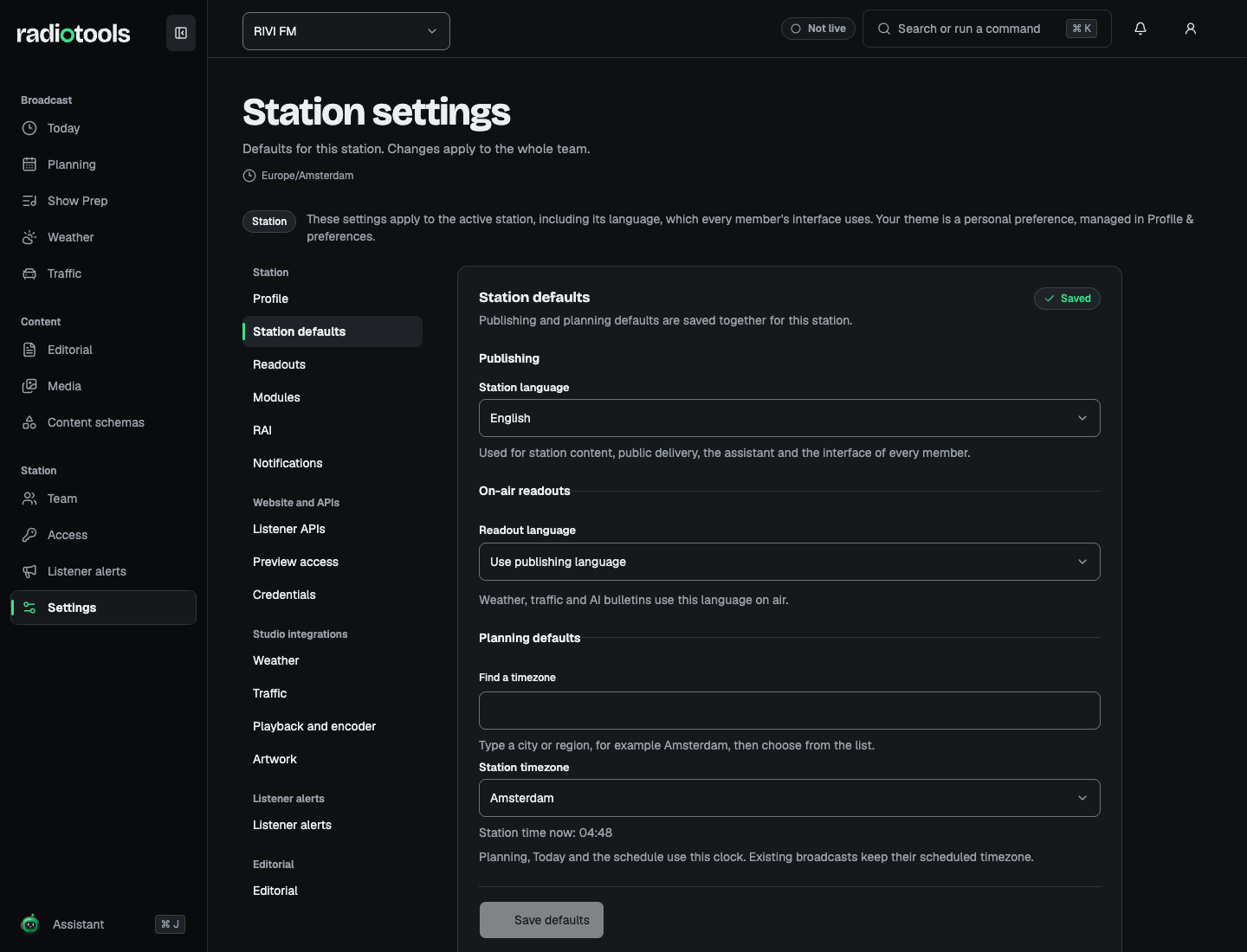 RIVI FM station settings showing English as the station language and the Europe/Amsterdam timezone