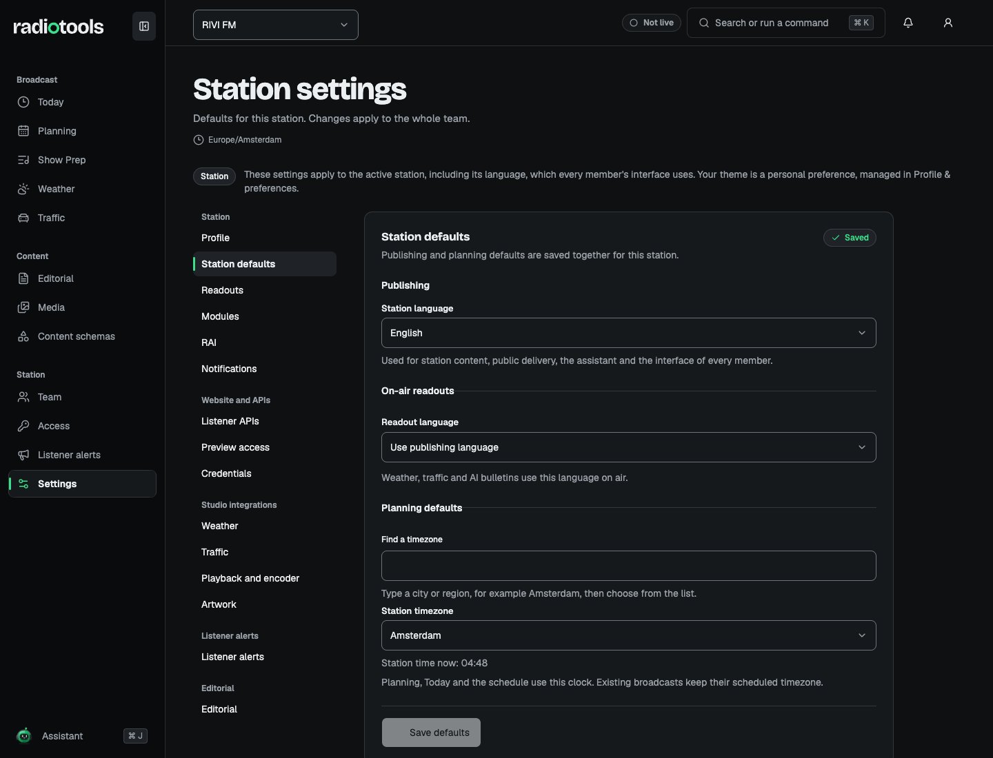 RIVI FM station settings showing English as the station language and the Europe/Amsterdam timezone