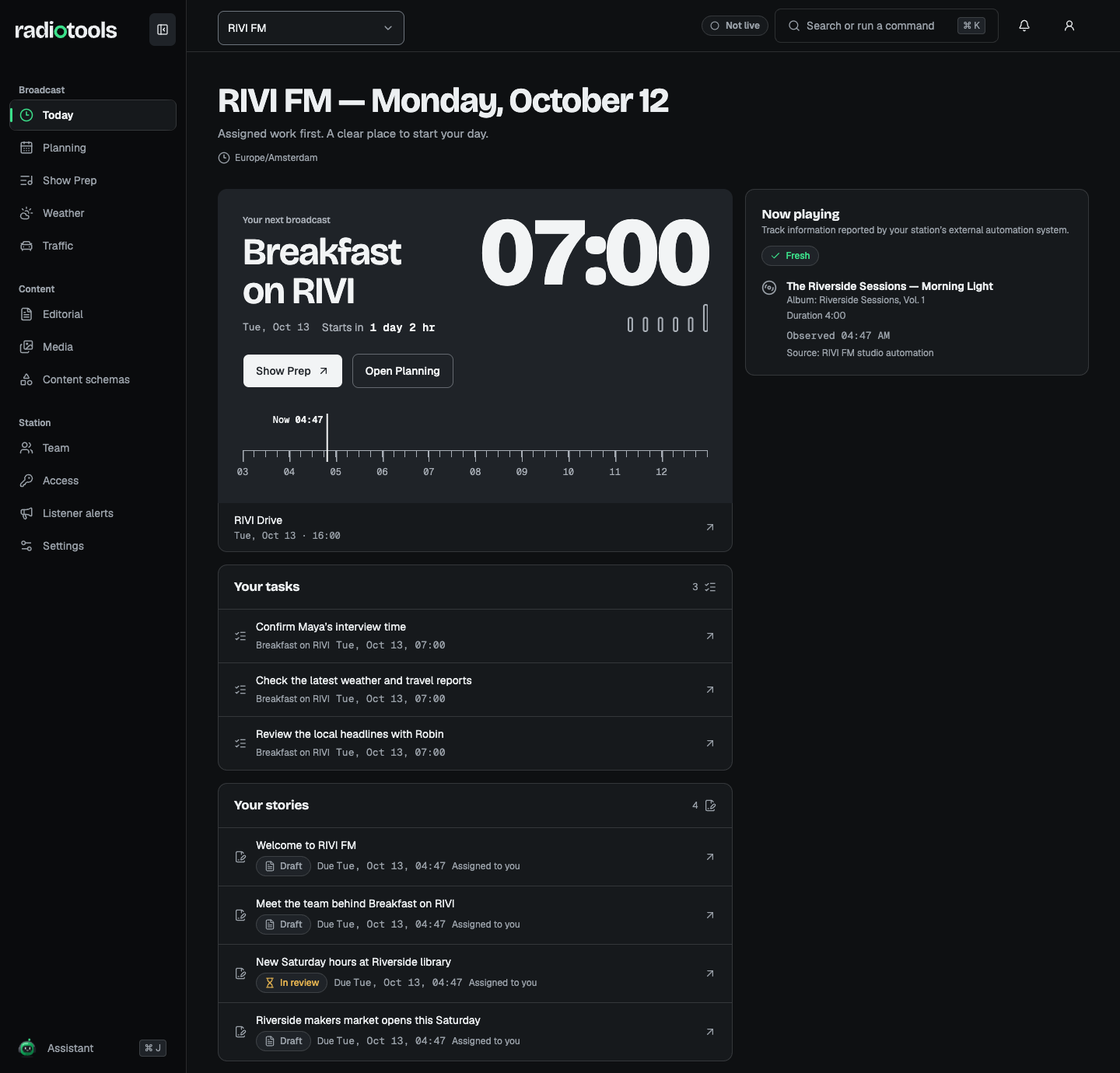 RIVI FM Today workspace with the station switcher, broadcast navigation, upcoming show, and preparation tasks