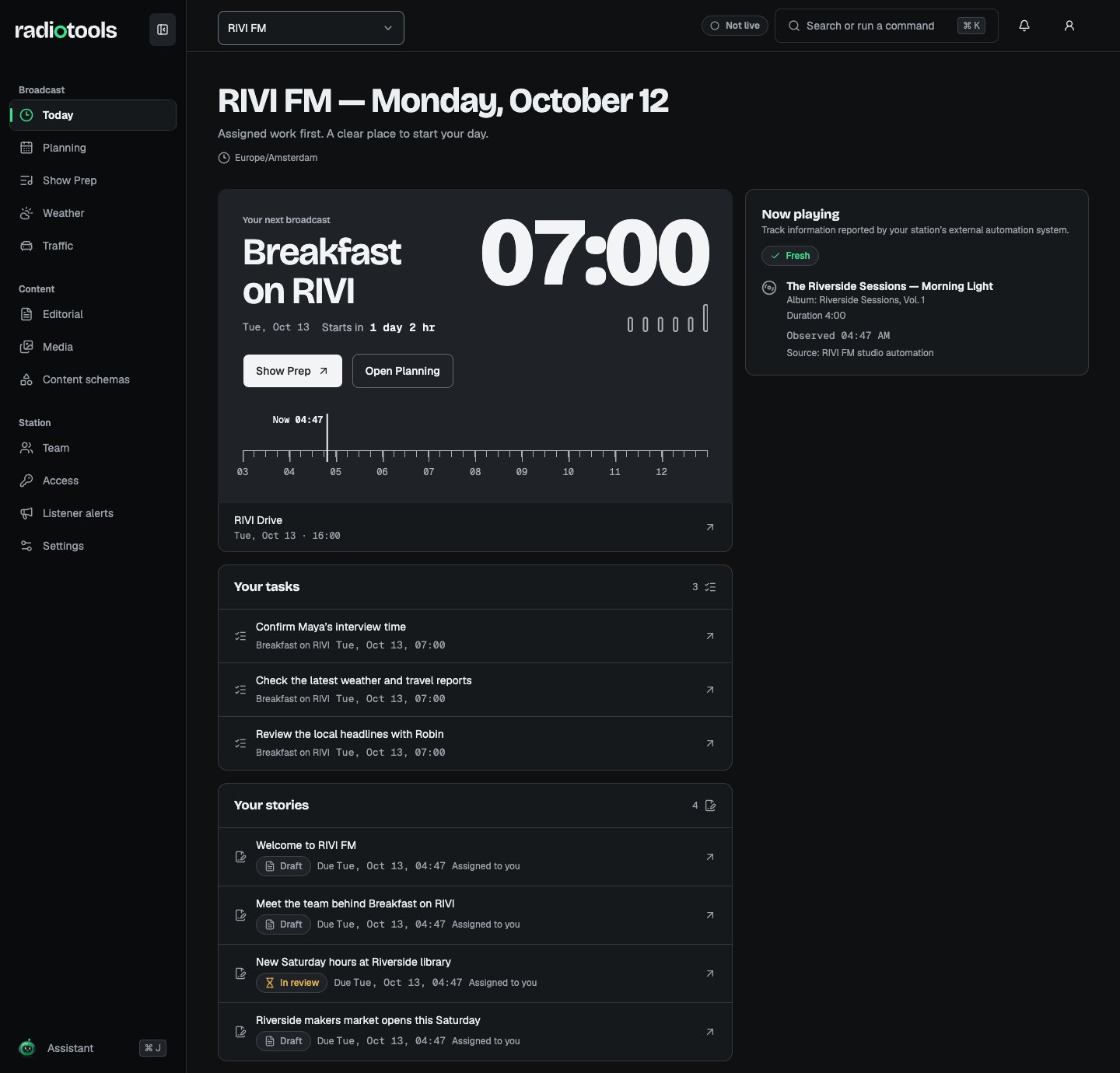 RIVI FM Today workspace with the station switcher, broadcast navigation, upcoming show, and preparation tasks