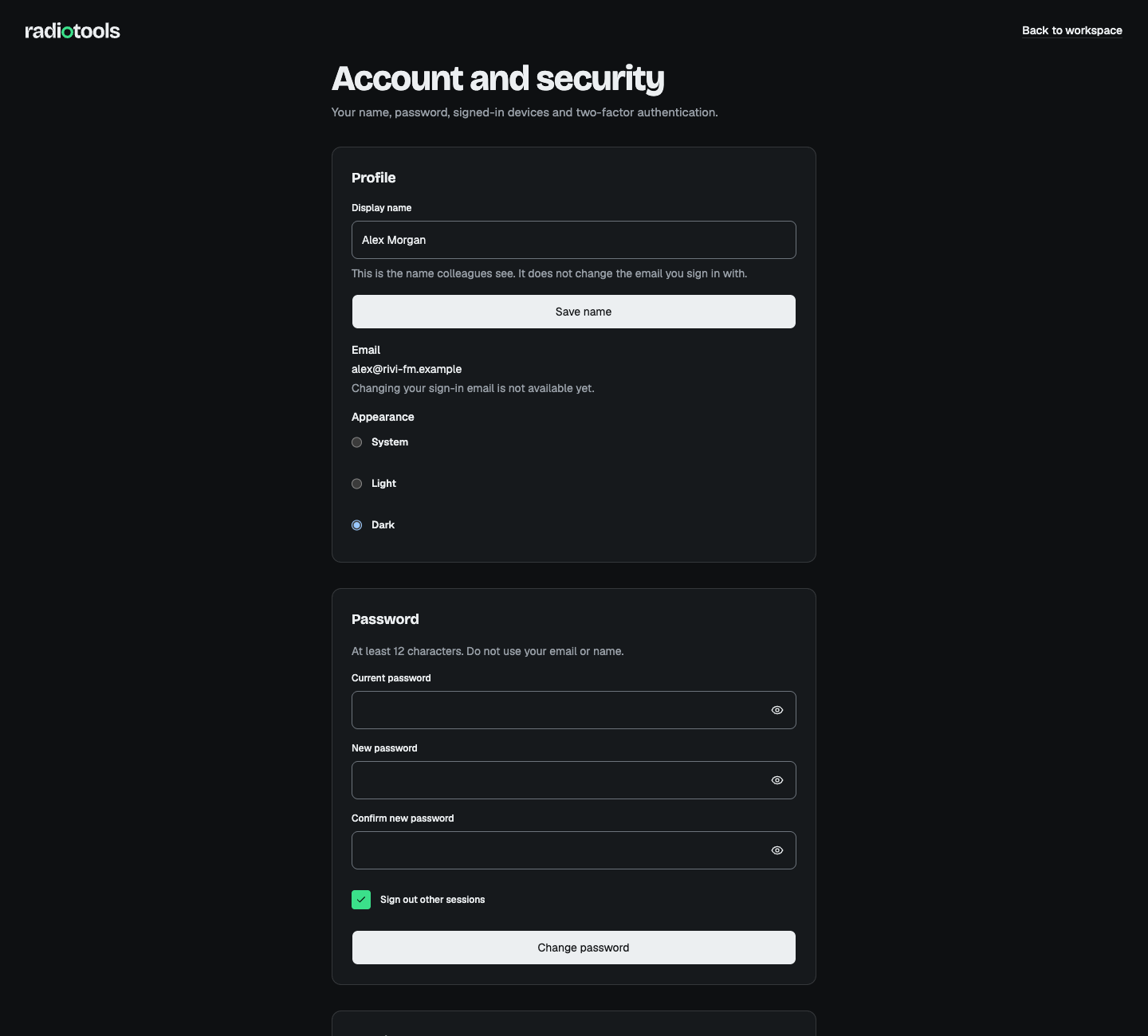 Account and security page showing the display name, sign-in email, appearance choices, and password form
