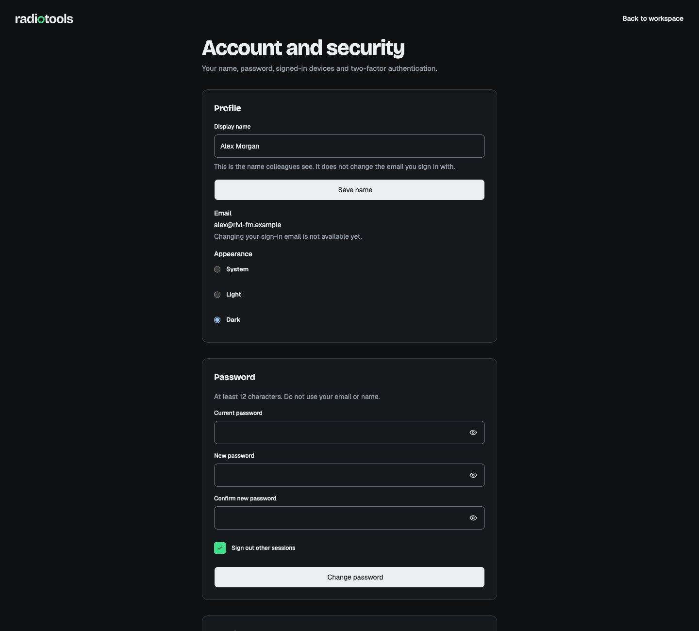 Account and security page showing the display name, sign-in email, appearance choices, and password form