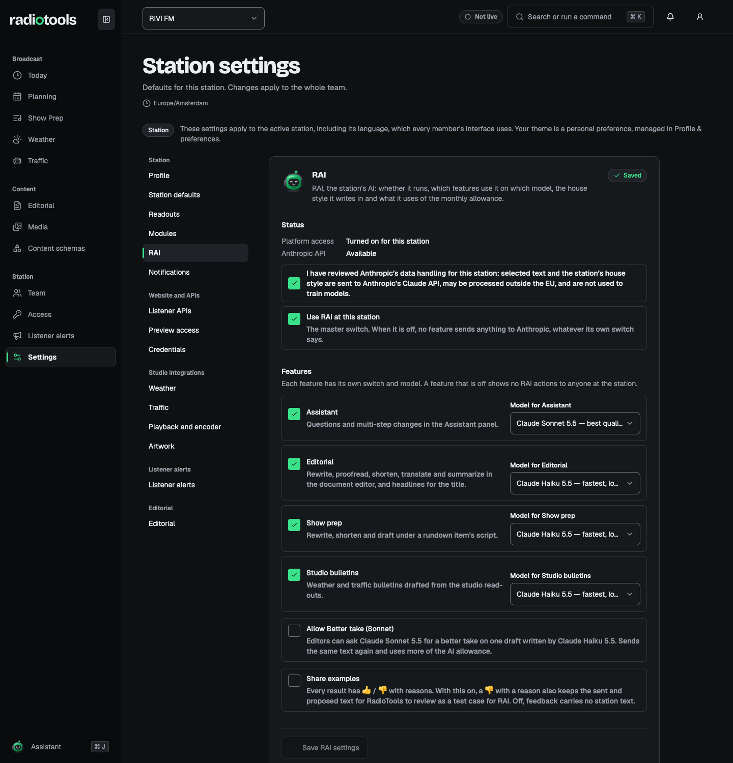RIVI FM RAI settings with platform access turned on, the data-handling review and master switch ticked, and a model for each feature