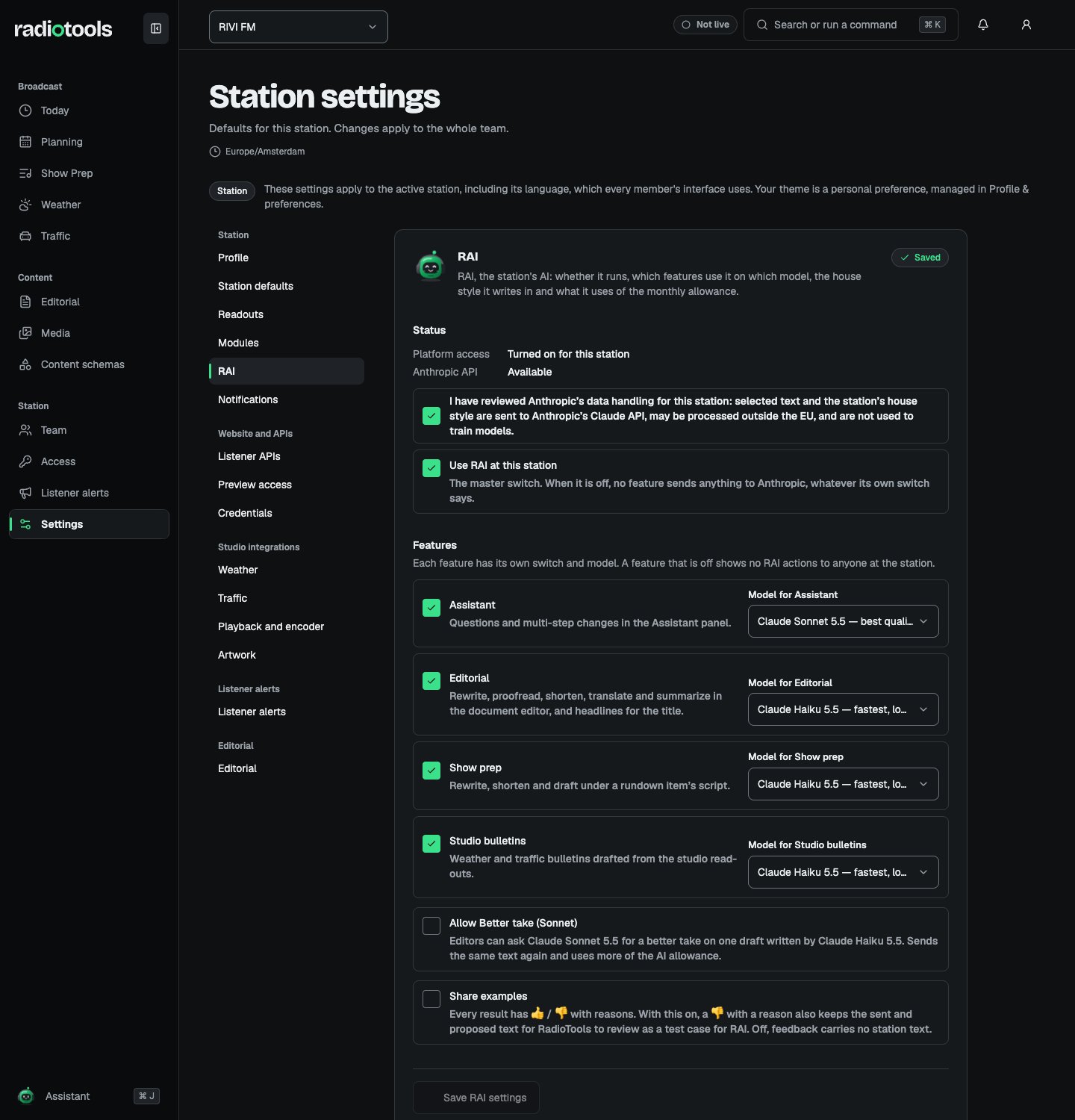 RIVI FM RAI settings with platform access turned on, the data-handling review and master switch ticked, and a model for each feature