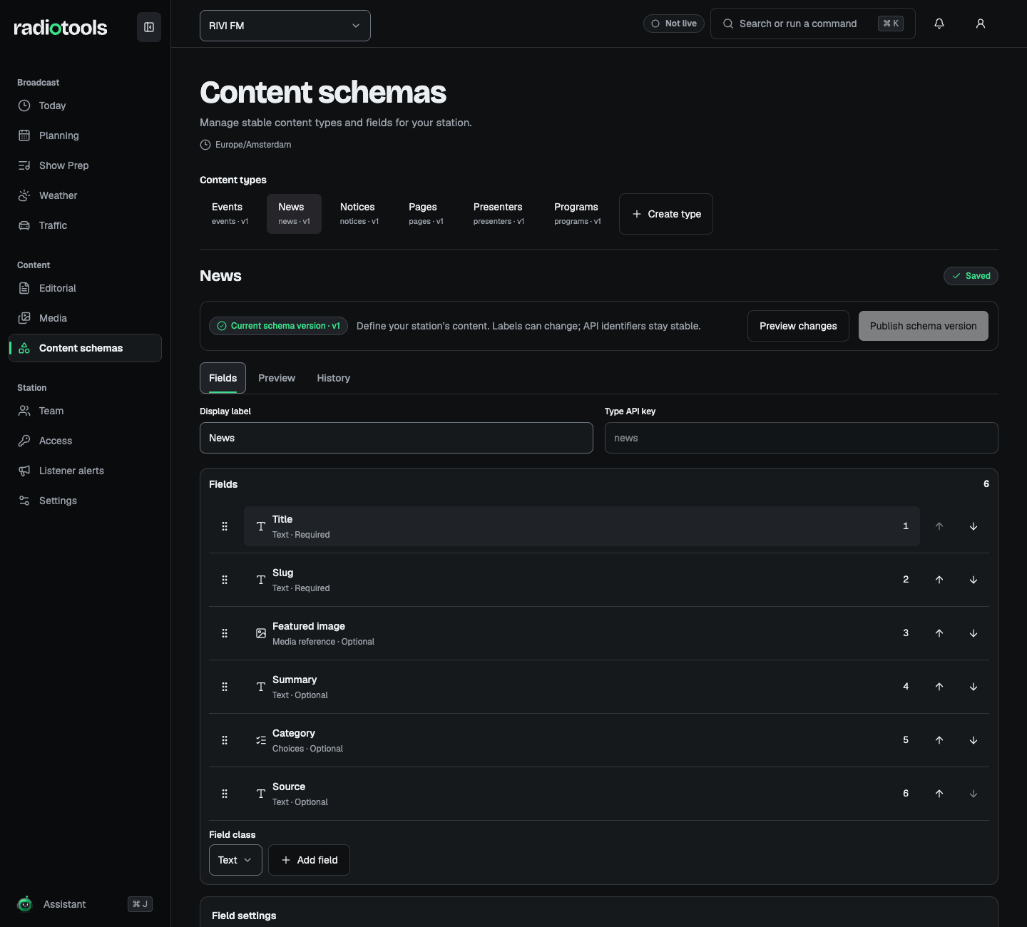 RIVI FM content schemas showing the News type with its fields, field classes, and schema version controls