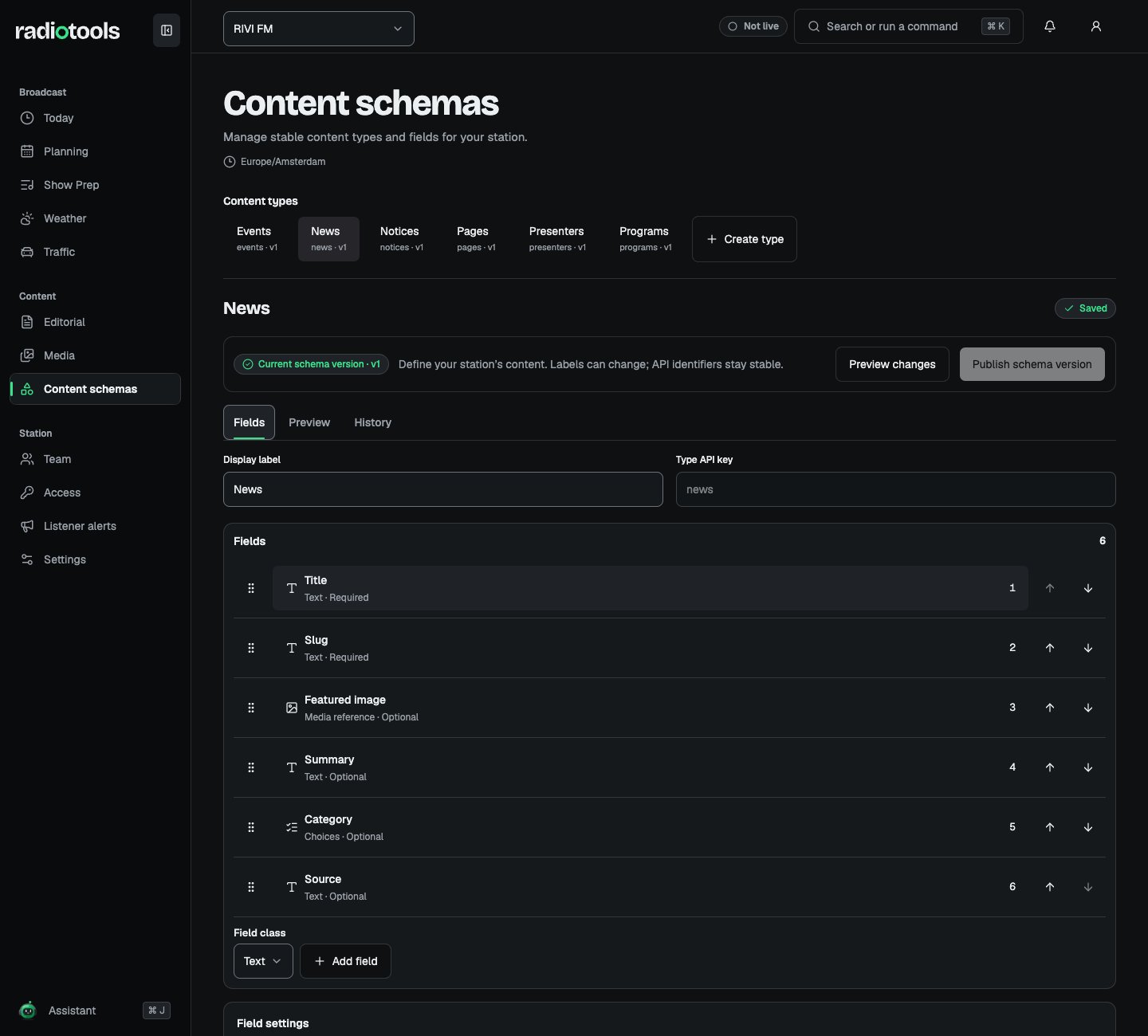 RIVI FM content schemas showing the News type with its fields, field classes, and schema version controls