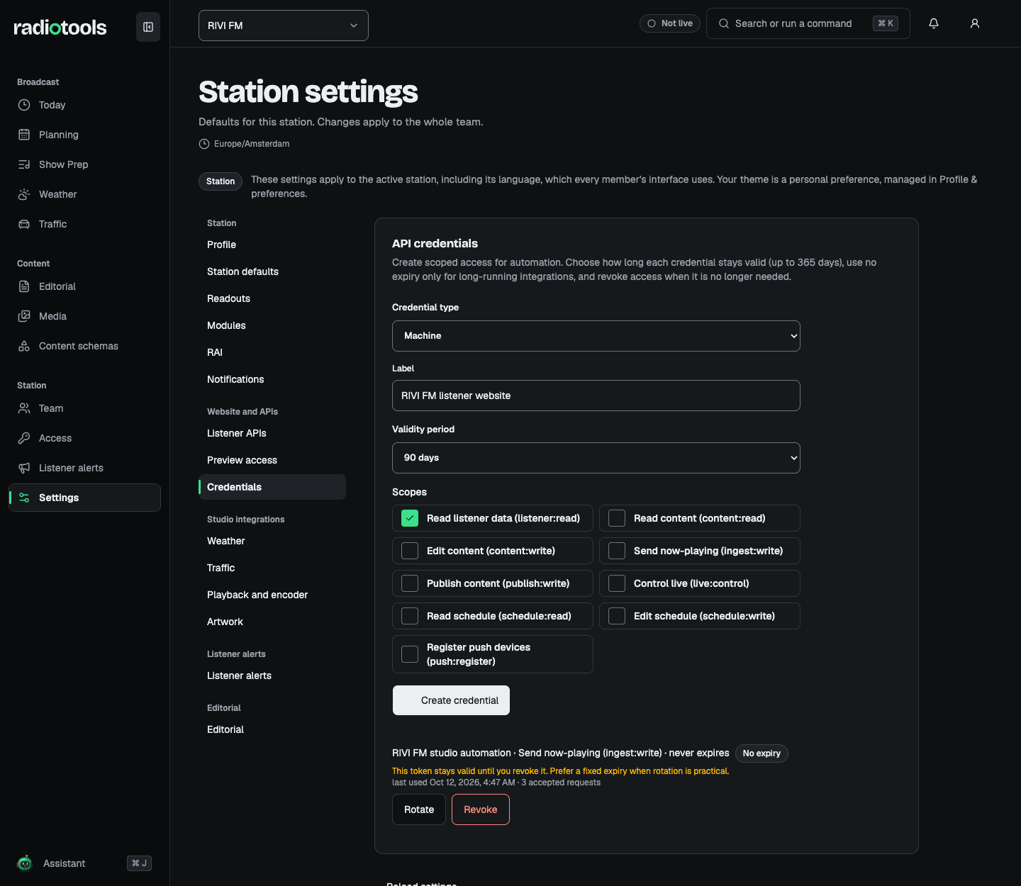 RIVI FM API credential form with scopes and expiry controls