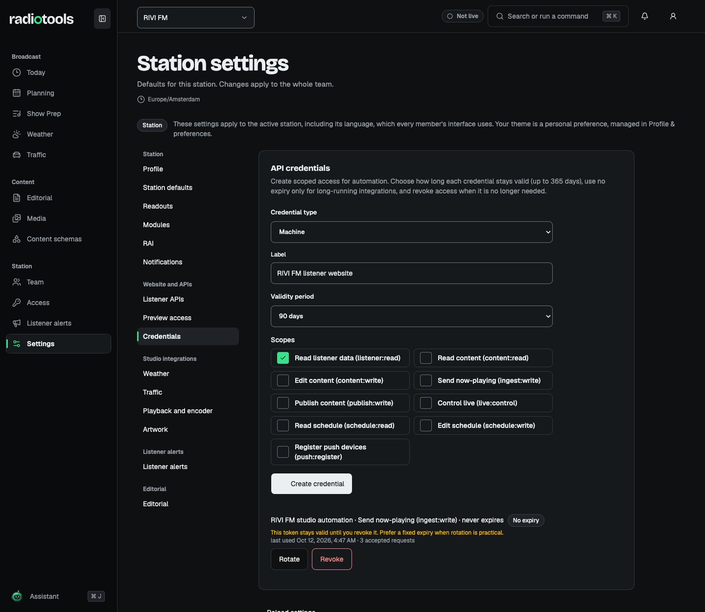 RIVI FM API credential form with scopes and expiry controls