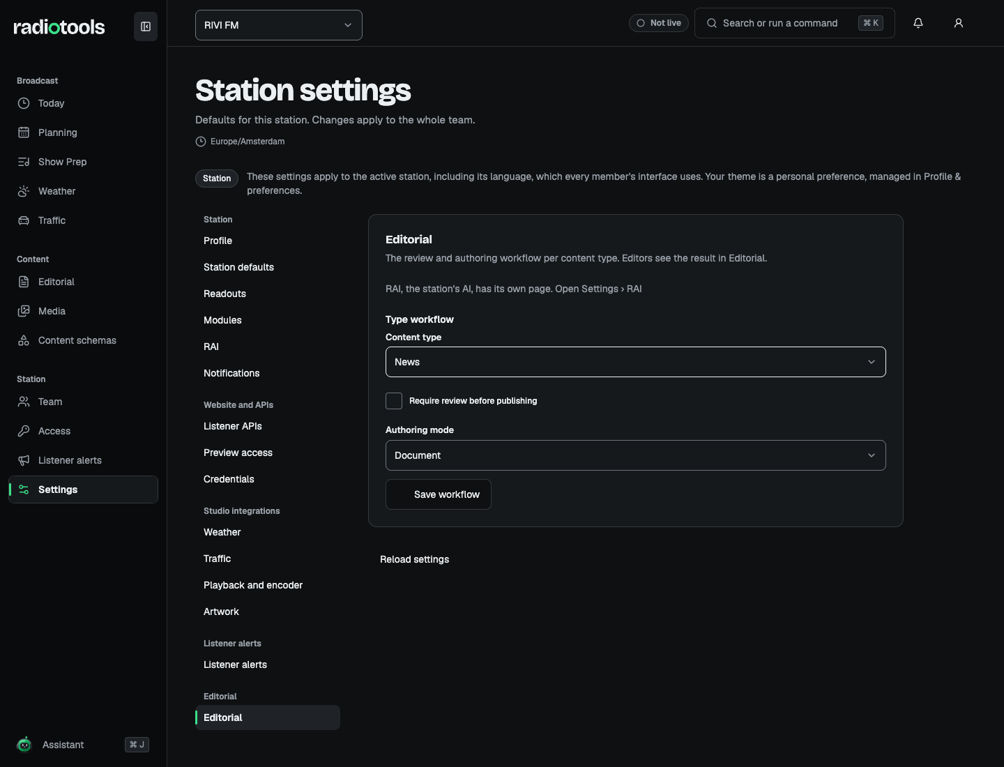RIVI FM editorial settings showing the type workflow for News with the review requirement and authoring mode