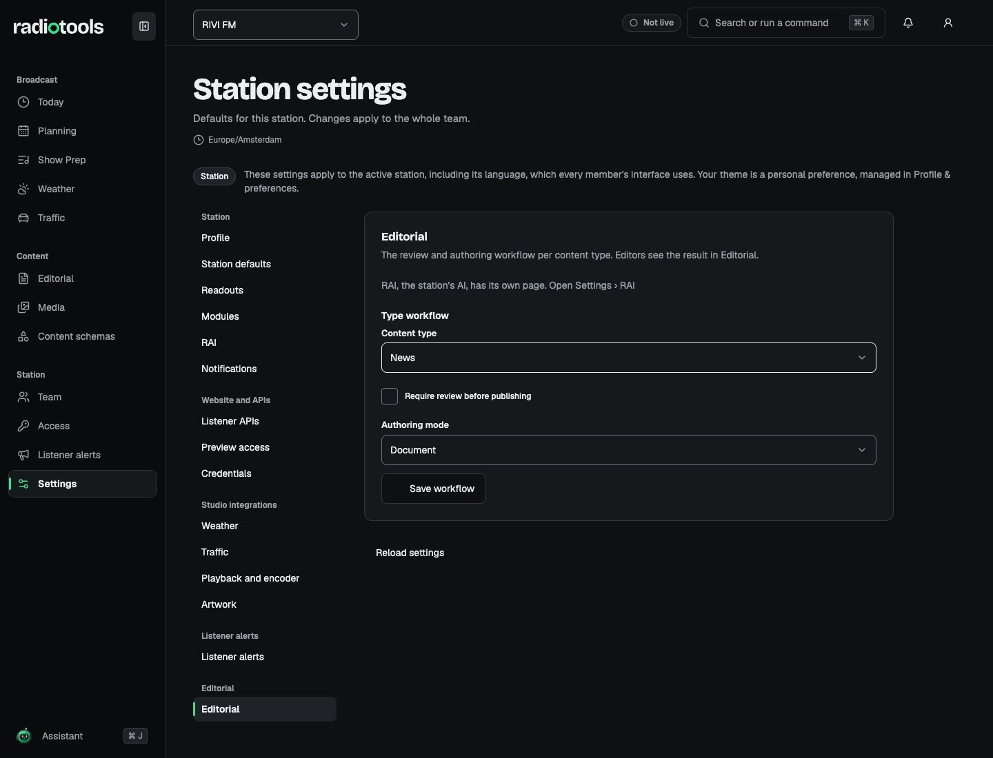 RIVI FM editorial settings showing the type workflow for News with the review requirement and authoring mode