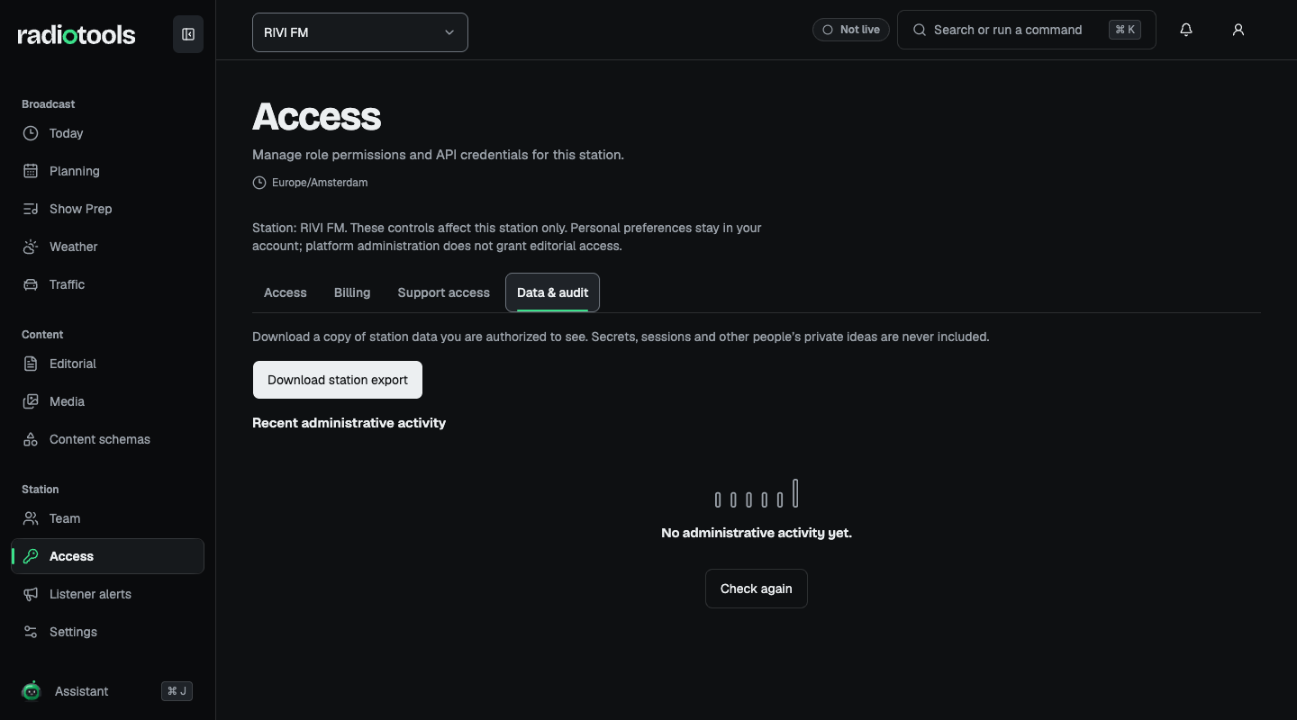 RIVI FM Access Data and audit tab with the Download station export button and recent administrative activity