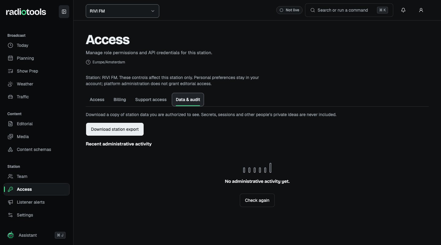 RIVI FM Access Data and audit tab with the Download station export button and recent administrative activity
