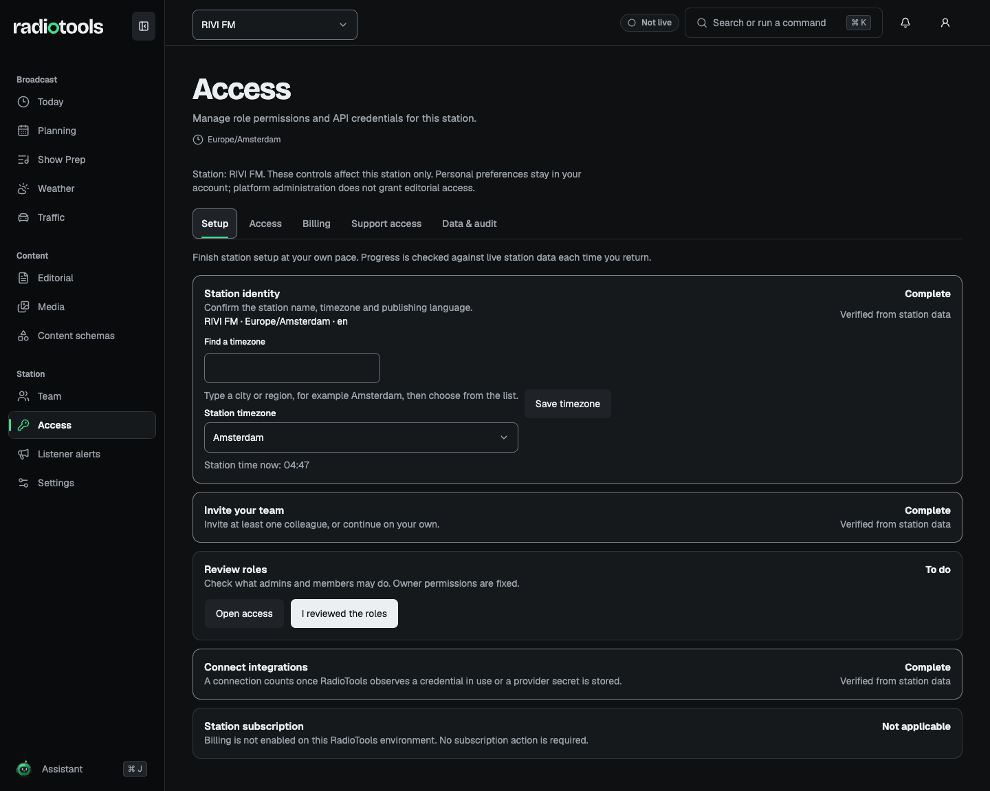 RIVI FM Setup tab with station identity, team, and integrations complete and the review roles step still to do