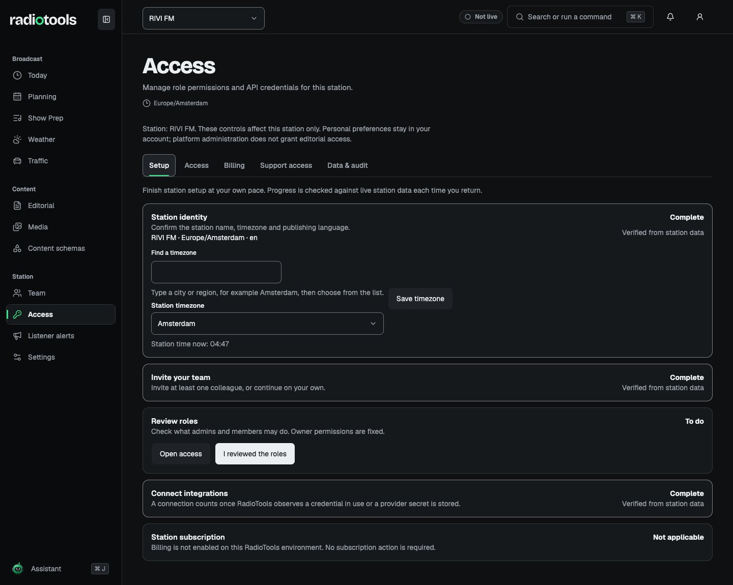 RIVI FM Setup tab with station identity, team, and integrations complete and the review roles step still to do