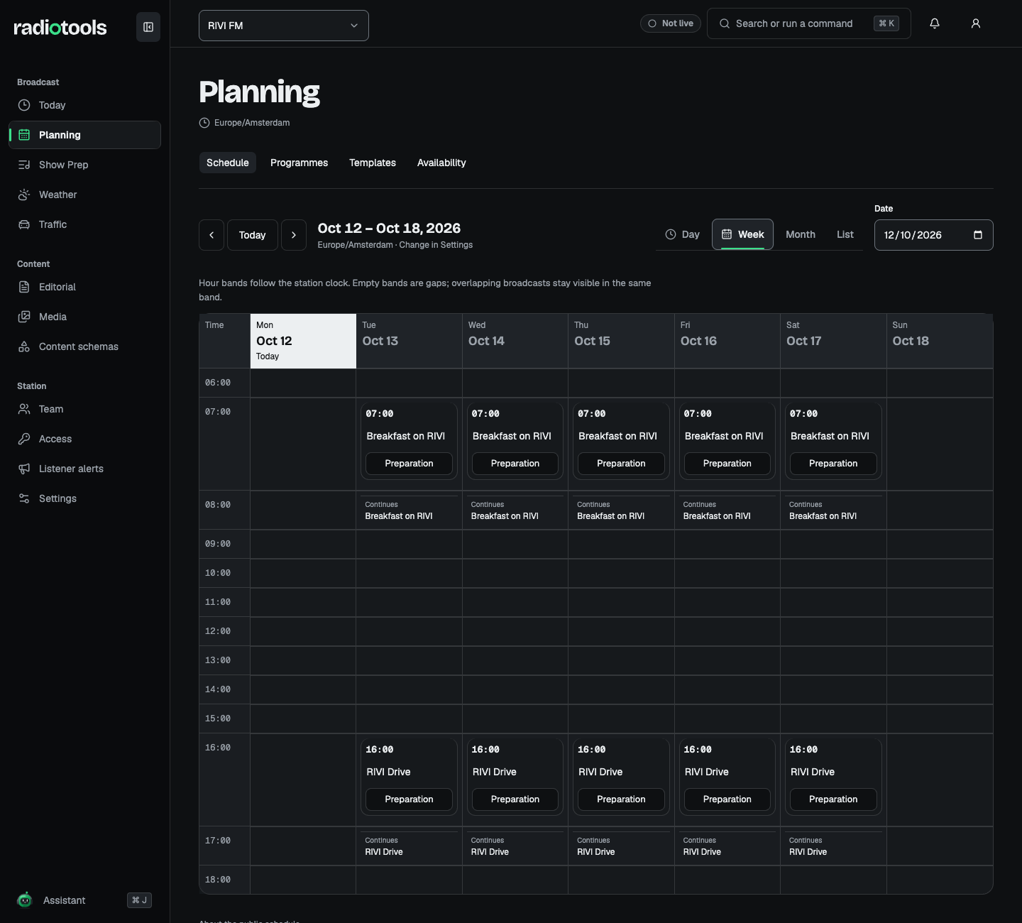 RIVI FM planning calendar with Breakfast on RIVI and RIVI Drive broadcasts across the week