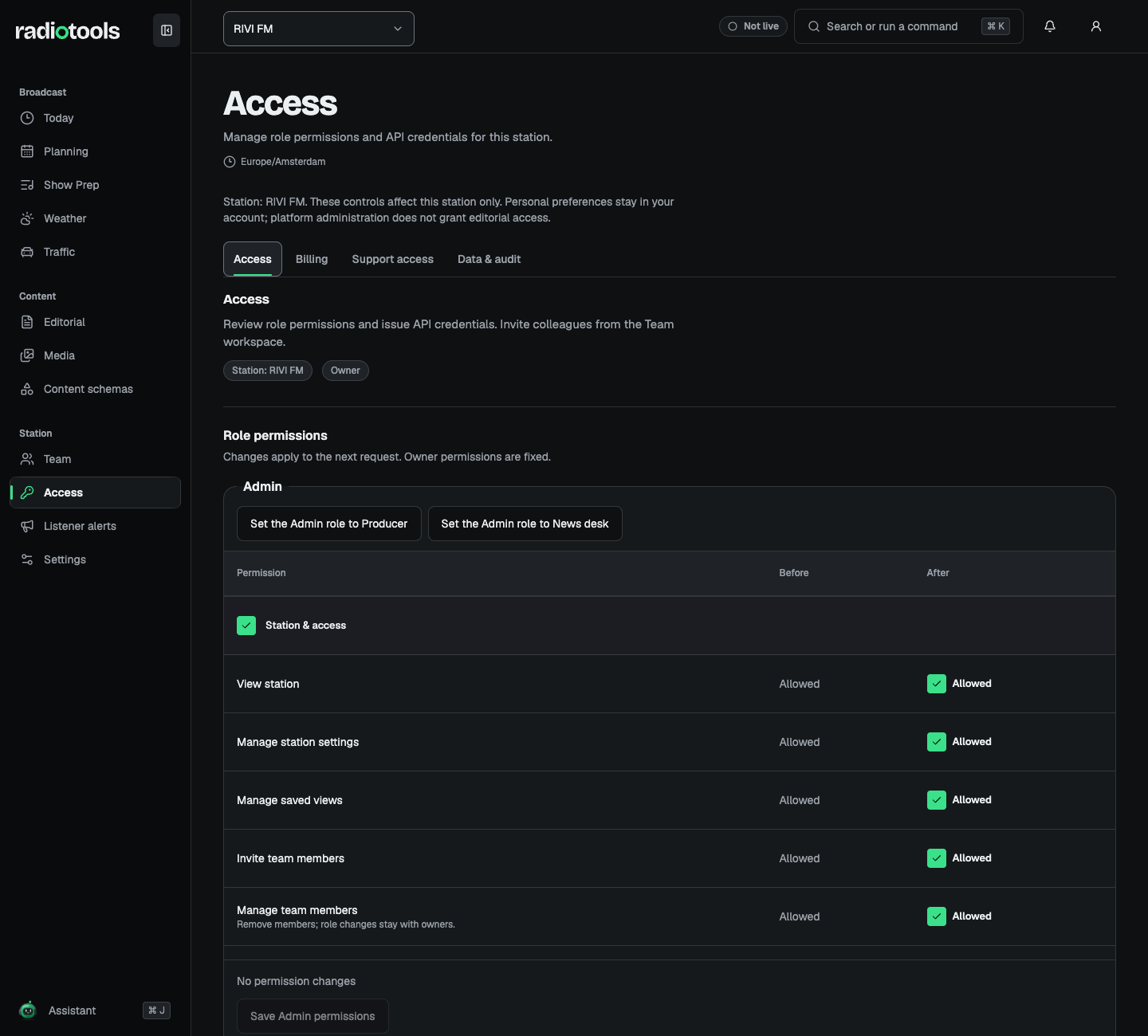 RIVI FM Access tab showing Admin role permissions with before and after columns and job presets