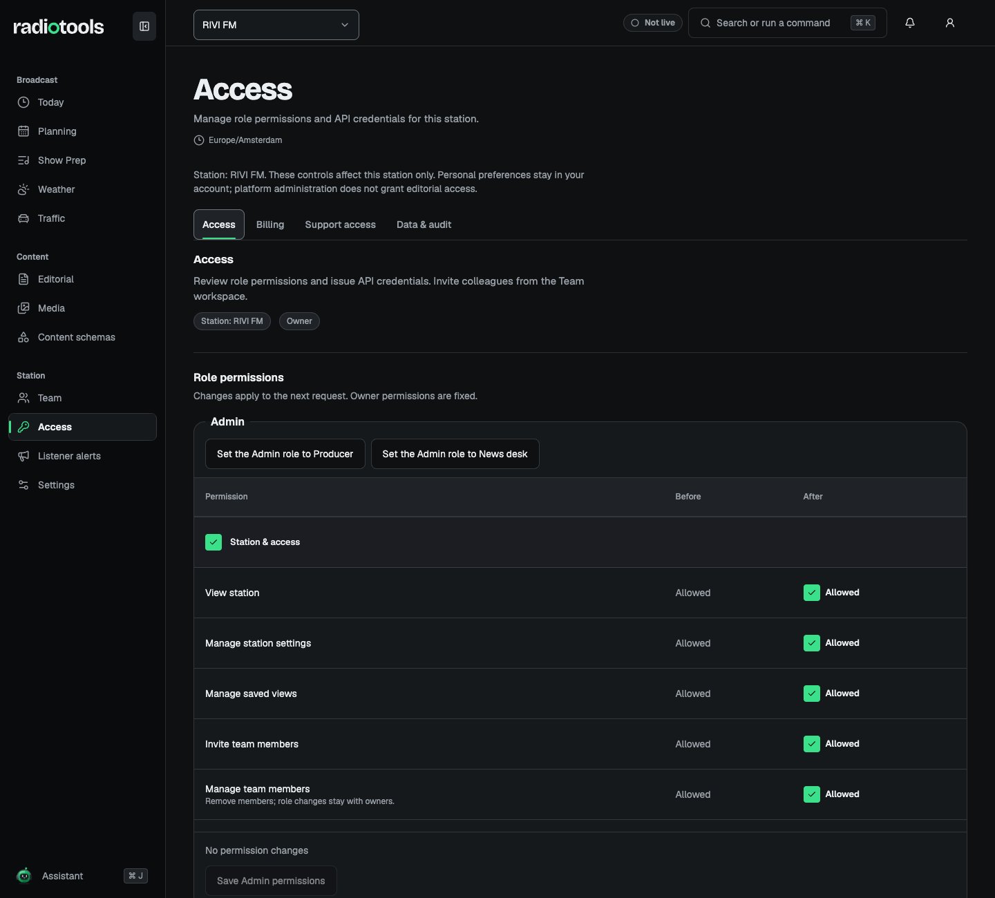 RIVI FM Access tab showing Admin role permissions with before and after columns and job presets