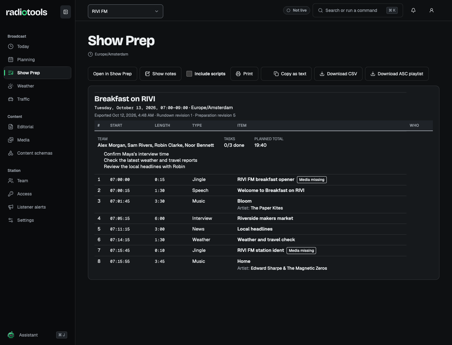 RIVI FM printable show sheet with broadcast details, rundown timing, and task checklist