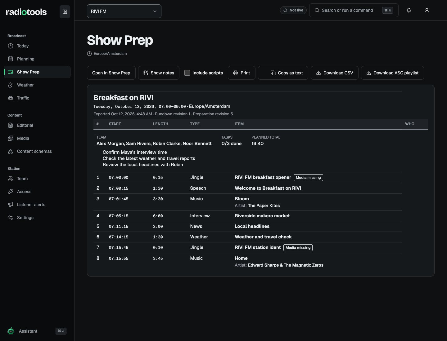 RIVI FM printable show sheet with broadcast details, rundown timing, and task checklist