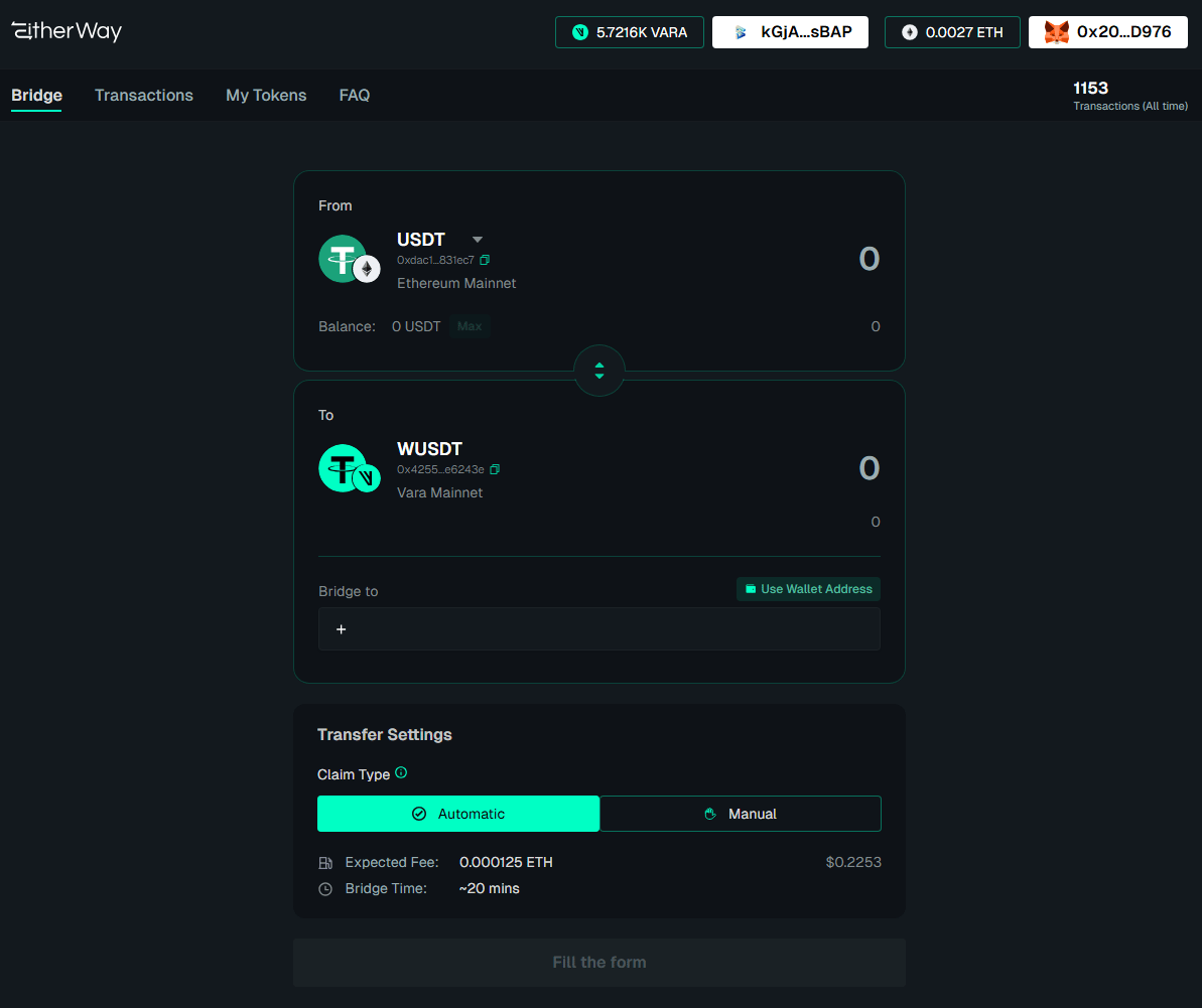 Vara Bridge interface showing USDT to wUSDT and Transfer Settings