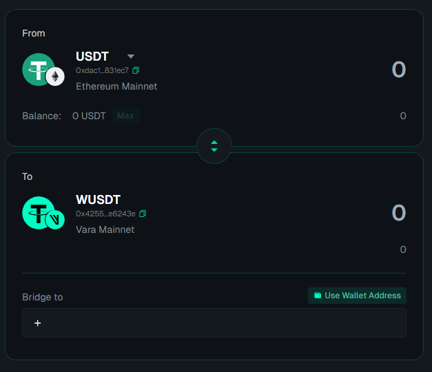Bridge pair selection: USDT to wUSDT with Bridge-to address field