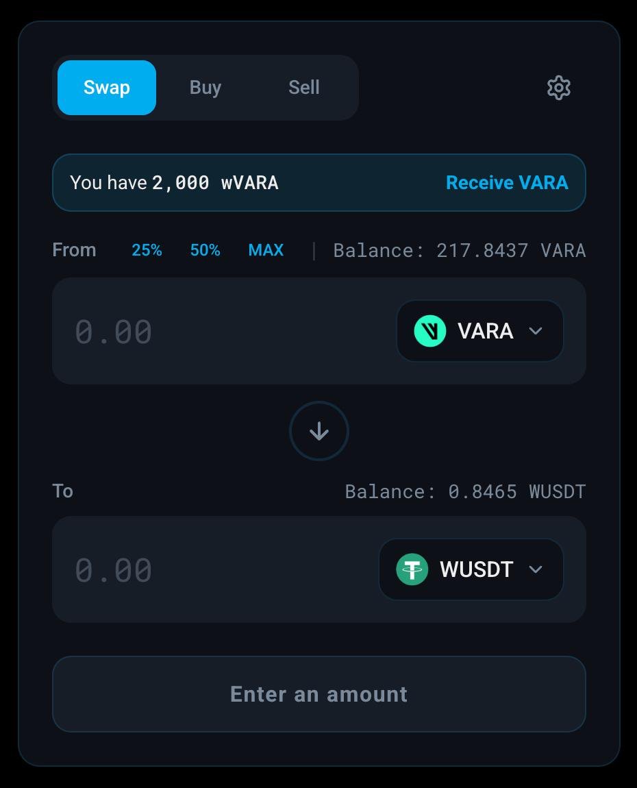 RivrDEX Swap page showing the You have wVARA banner with a Receive VARA button