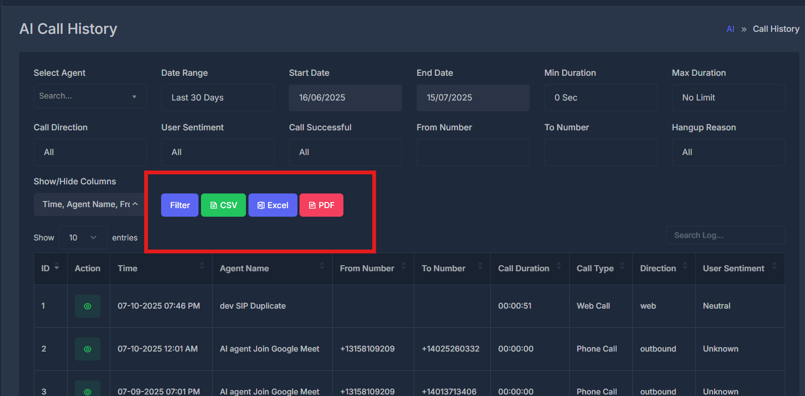 AI Call History Overview