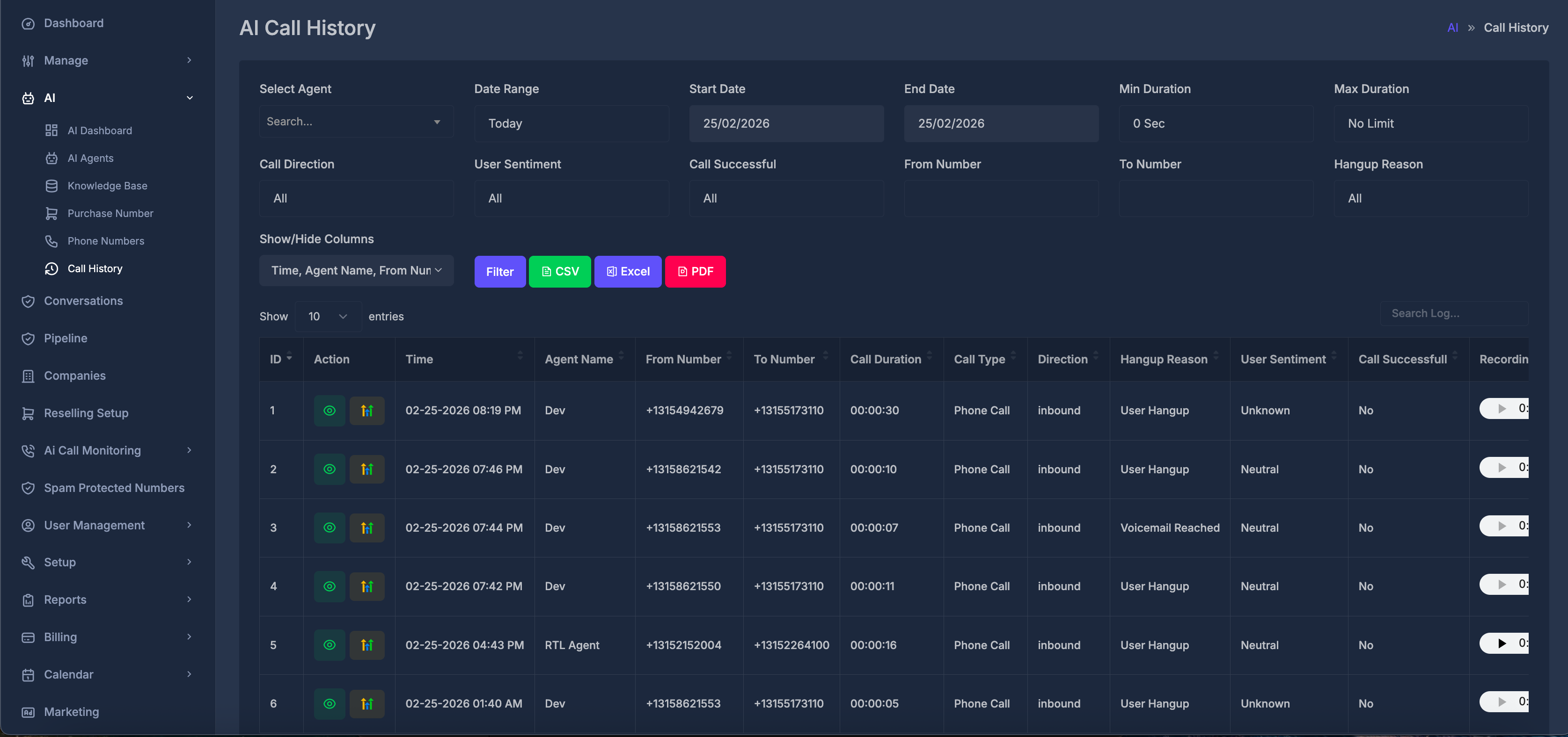 AI Call History Overview