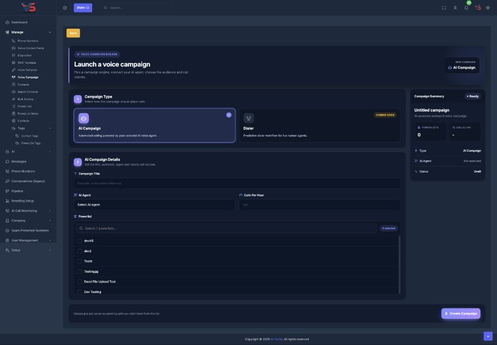 Launch a voice campaign form with AI Campaign type and summary panel