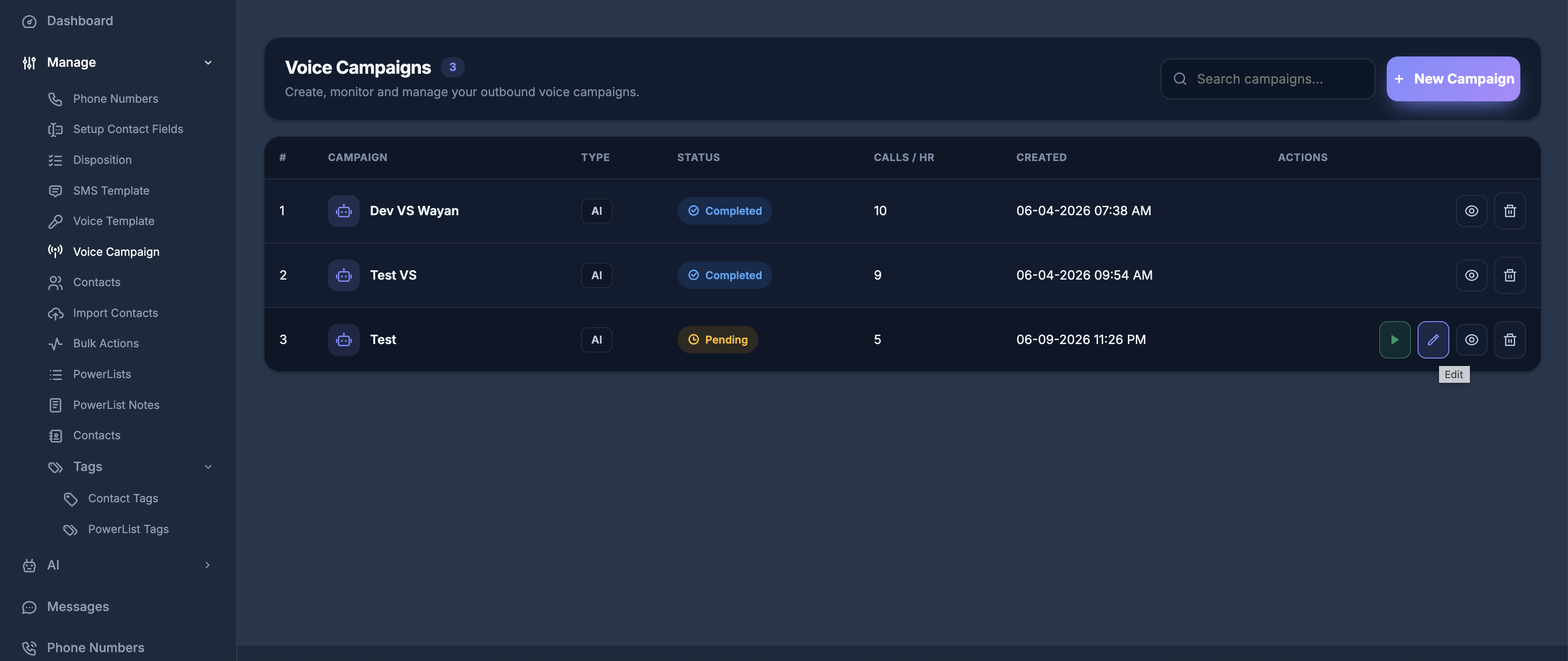 Voice Campaigns list with search and New Campaign button