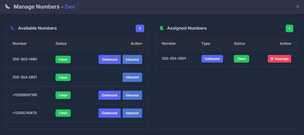 Phone Number Management Interface