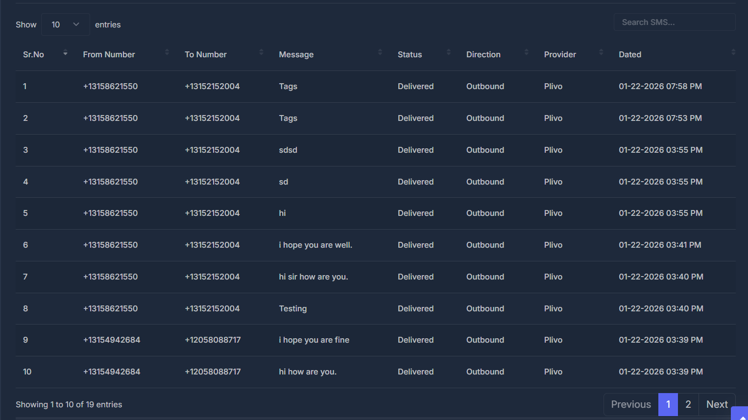SMS Report Records Table