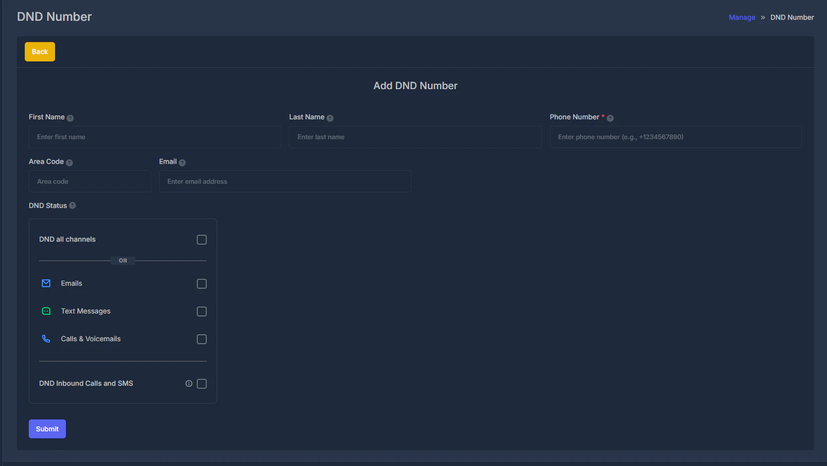 Add DND number form