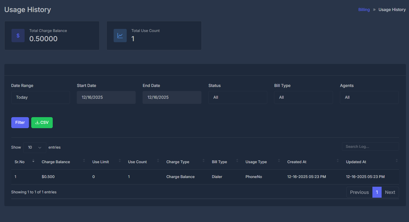 Usage History Dashboard - Dark Mode