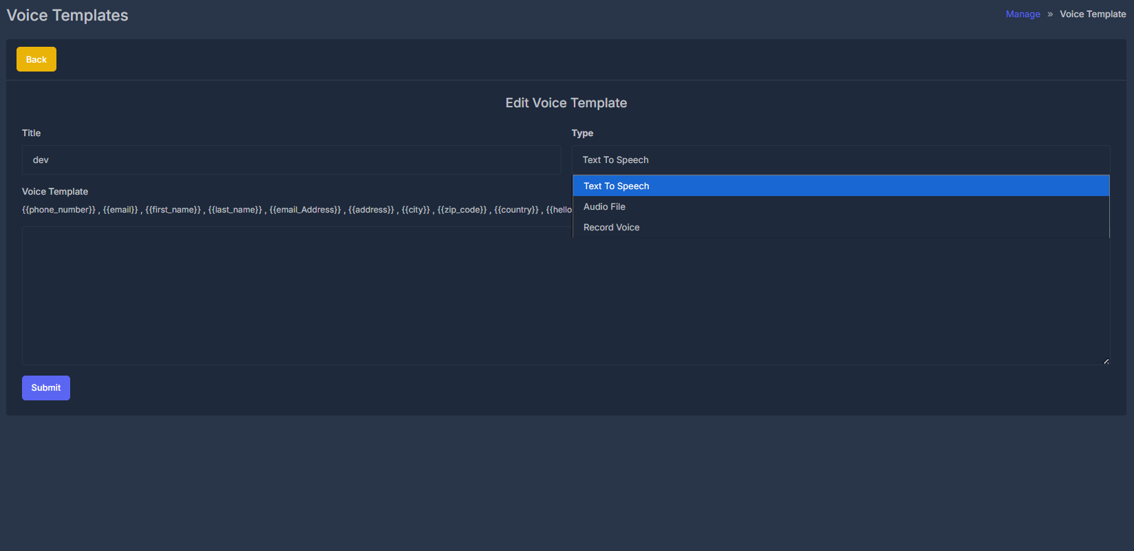 SMS Templates Interface