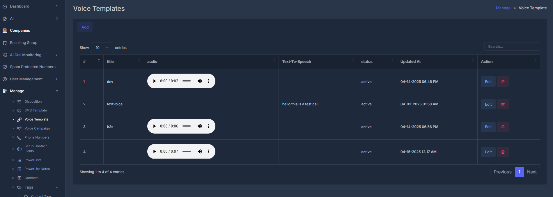 SMS Templates Interface
