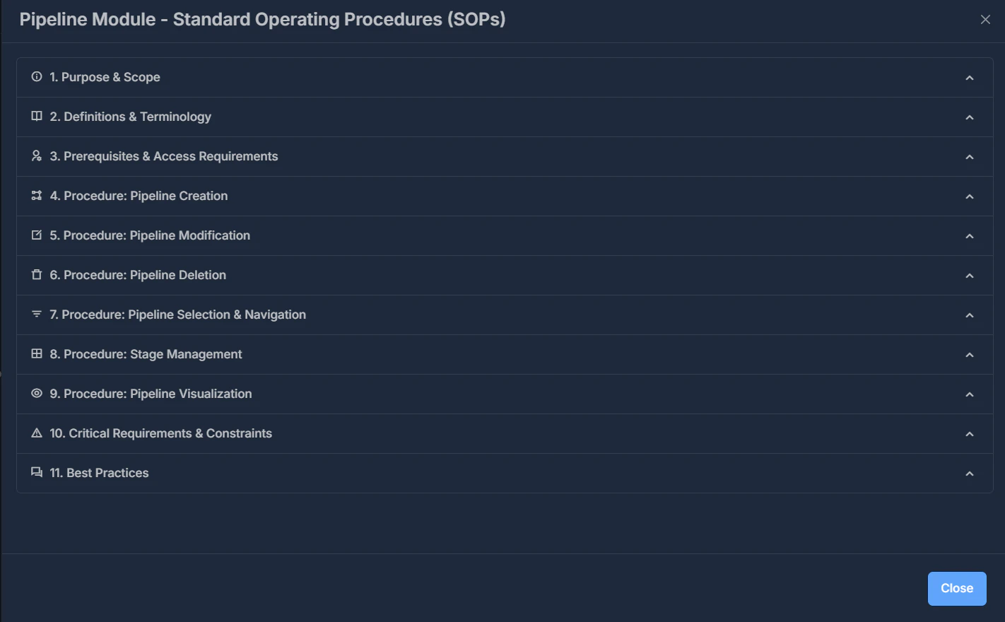Pipeline Module - SOPs Window Screenshot