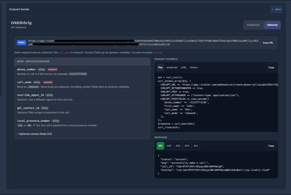 Endpoint Details Inbound tab with call_mode inbound and dialSip in the 201 response