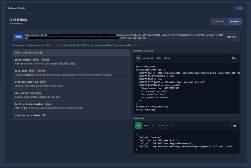 Endpoint Details Inbound tab with call_mode inbound and dialSip in the 201 response