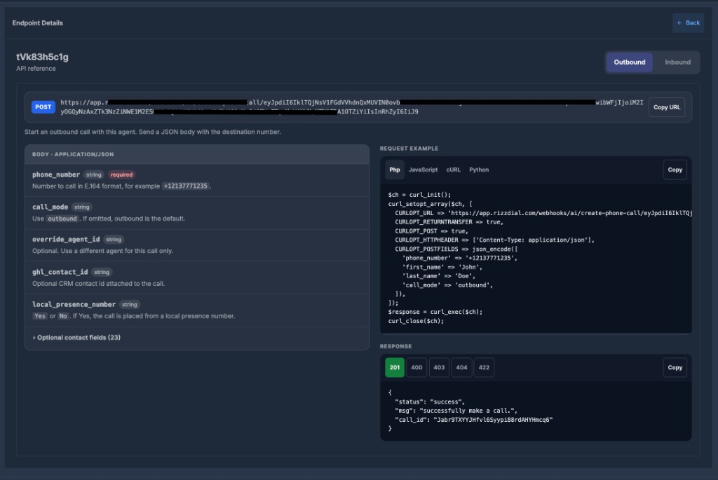 Endpoint Details Outbound tab with POST URL, body fields, PHP example, and 201 response