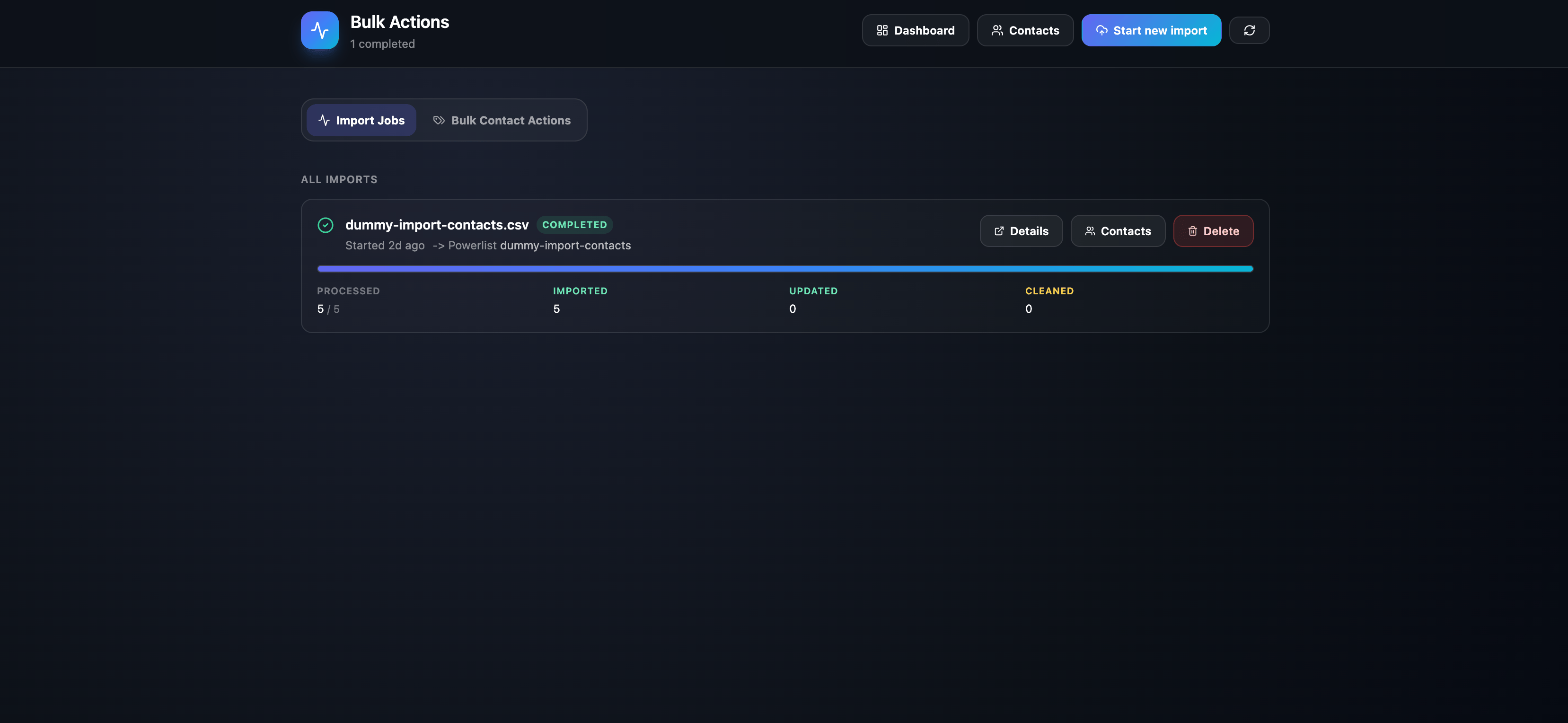 Bulk Actions page with Import Jobs tab